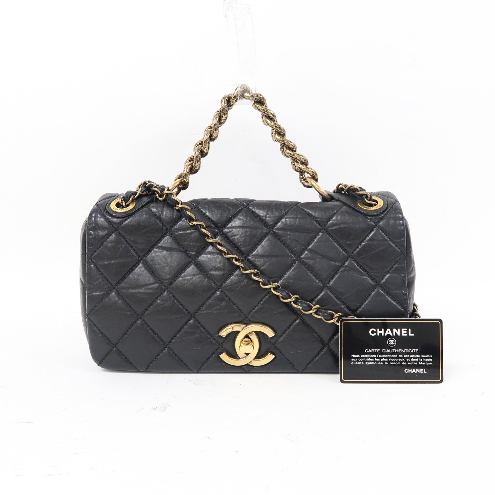 CHANEL 菱格牛皮皮革Chain Shoulder金扣鏈帶肩背袋黑色