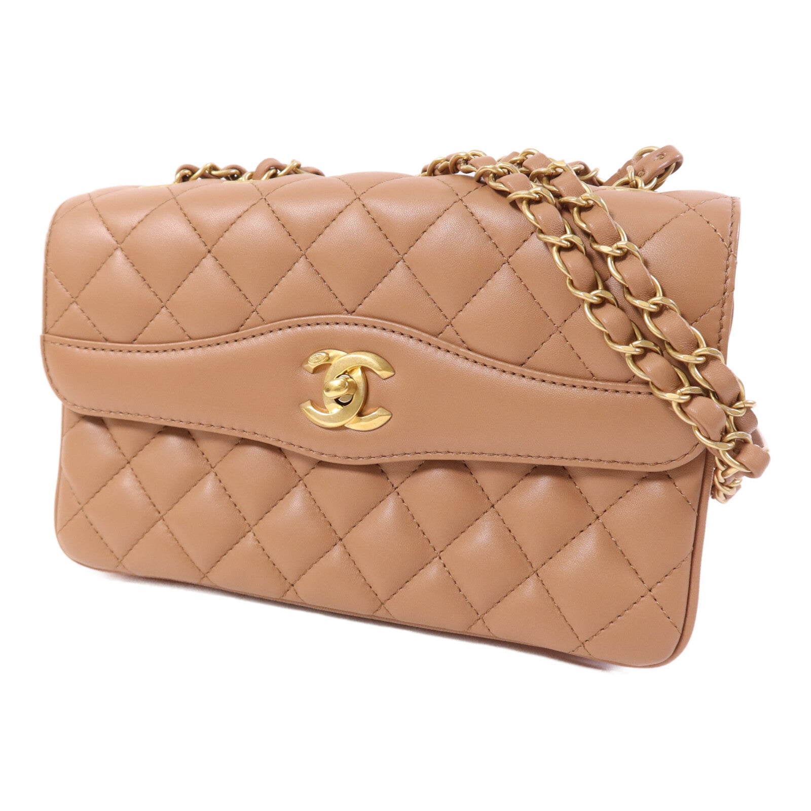 CHANEL 羊皮皮革金扣肩背袋 杏色