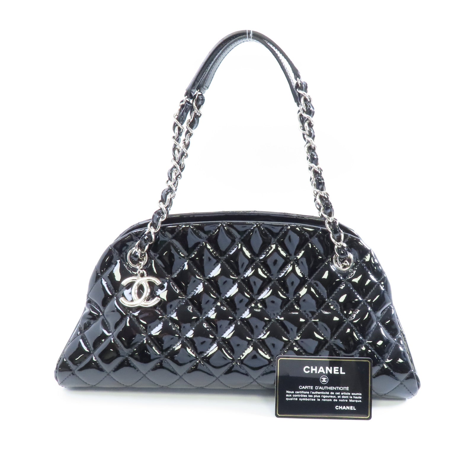 CHANEL 【激減優惠】菱格漆皮皮革Chain Shoulder銀扣鏈帶肩背袋黑色