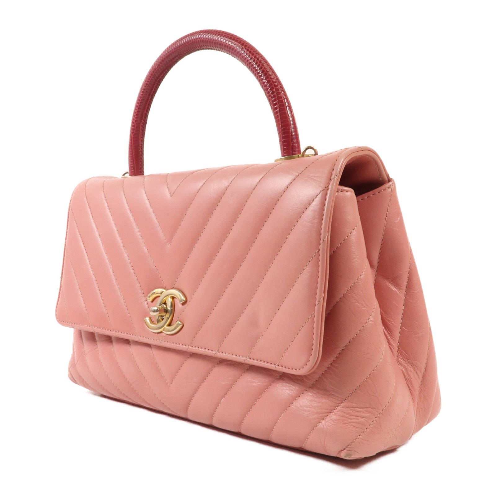 CHANEL 牛皮/蜥蝪皮革Coco Handle Medium金扣鏈帶手挽肩背兩用袋