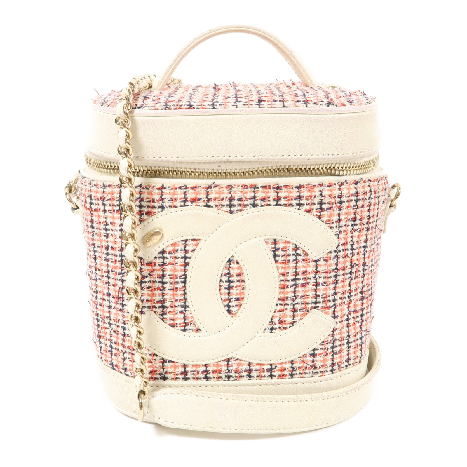 CHANEL Tweed/皮革Chain Shoulder金扣鏈帶手挽肩背兩用袋
