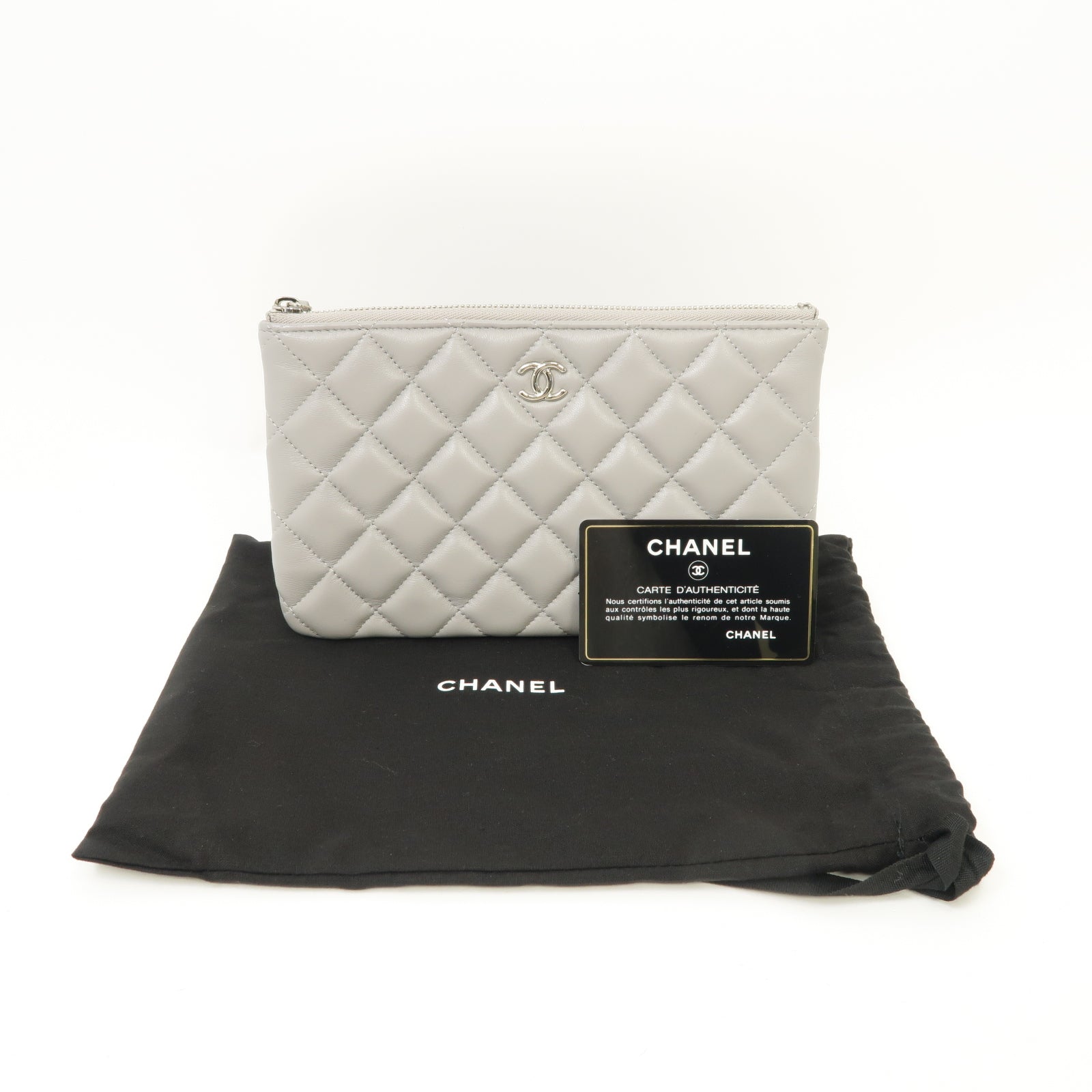 CHANEL 菱格羊皮皮革Clutch Bag銀扣手拿包灰色