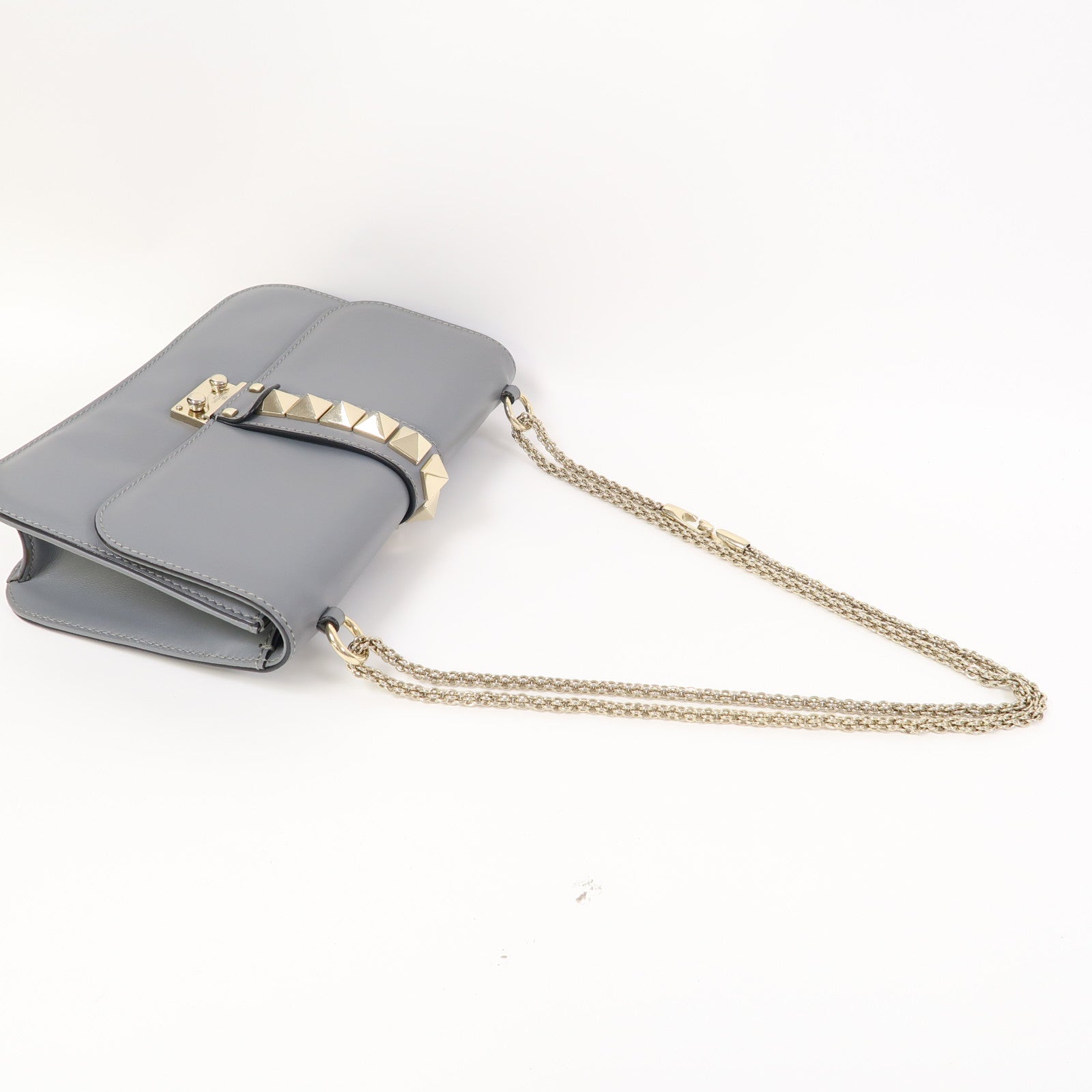Valentino 牛皮皮革Shoulder Bag金扣鏈帶肩背袋灰色