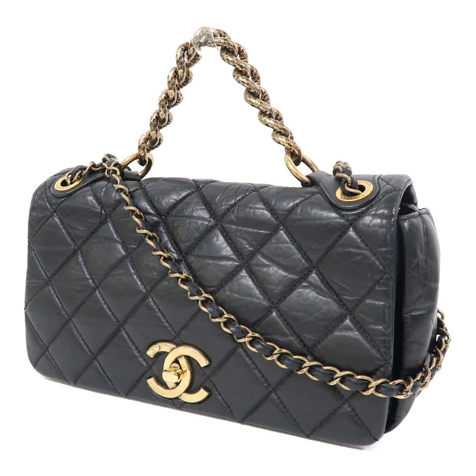 CHANEL 菱格牛皮皮革Chain Shoulder金扣鏈帶肩背袋黑色