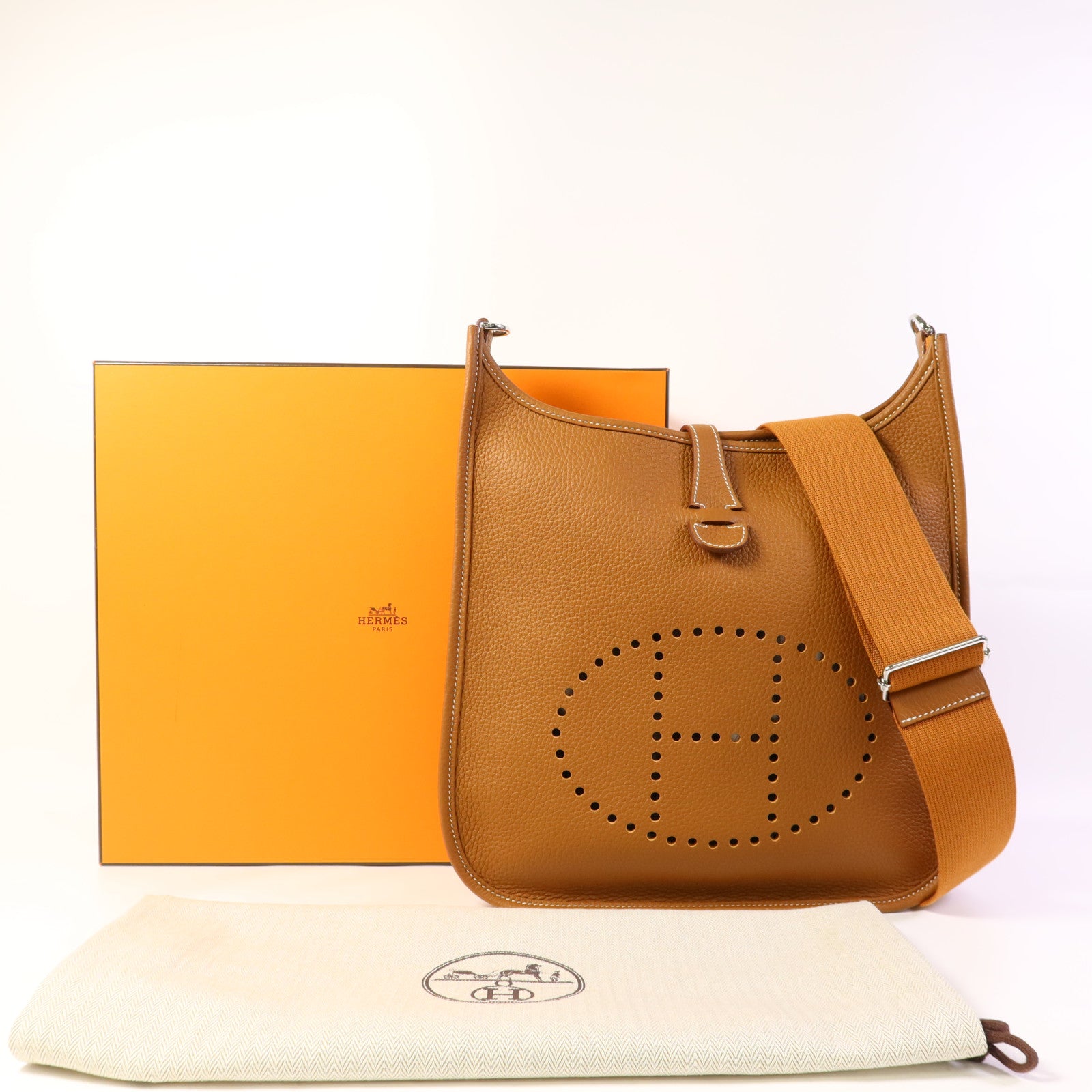 HERMES Clemence皮革Evelyne PM銀扣肩背袋Gold