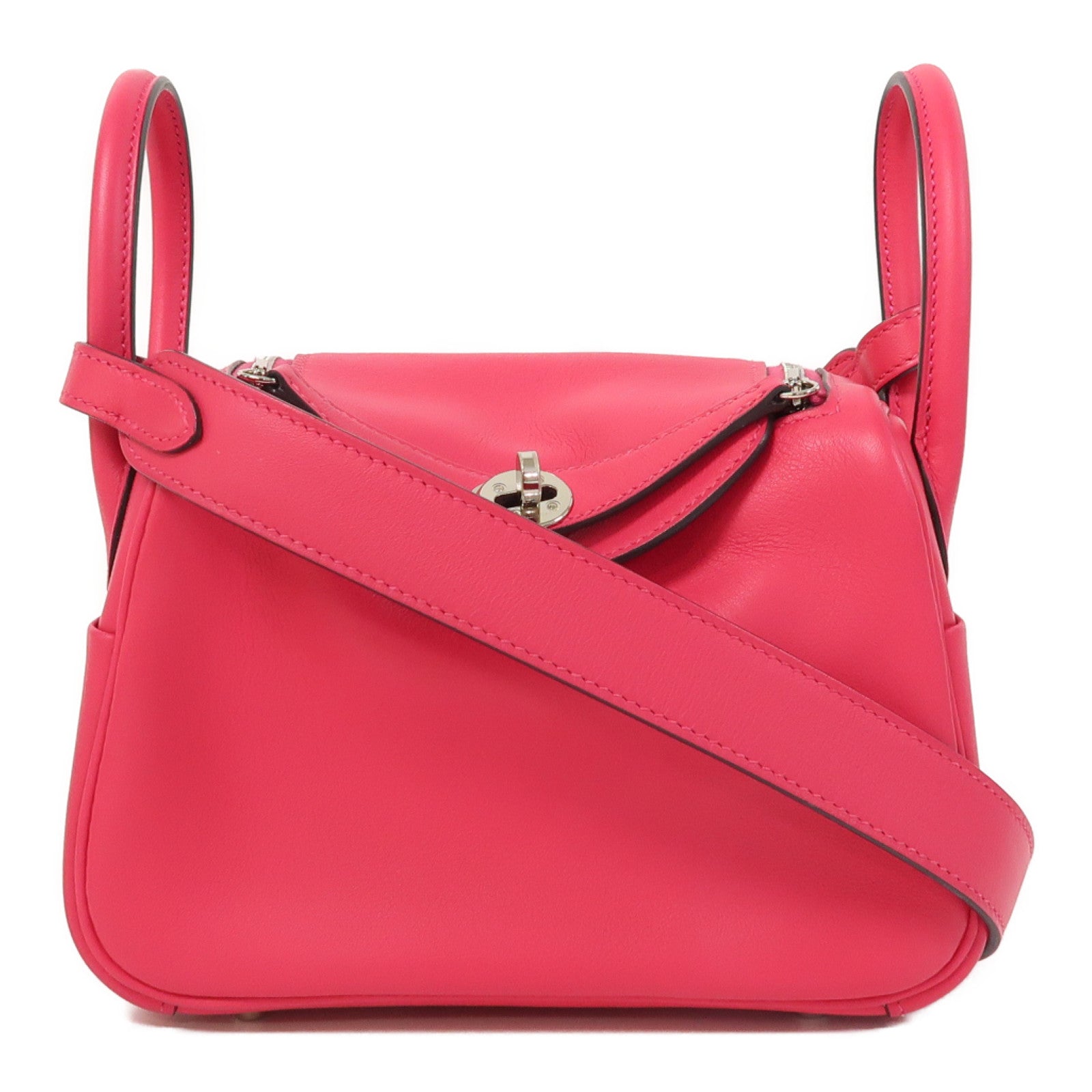 HERMES Swift皮革Mini Lindy銀扣肩背袋粉紅色