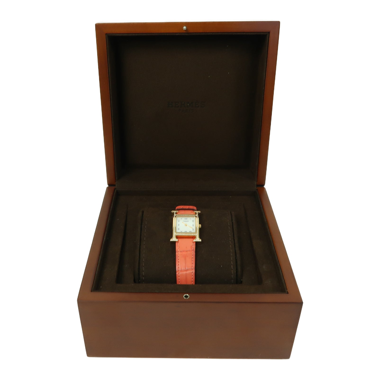 HERMES Heure H Alligator鱷魚皮革/18K玫瑰金/鑽石手錶石英機芯白色