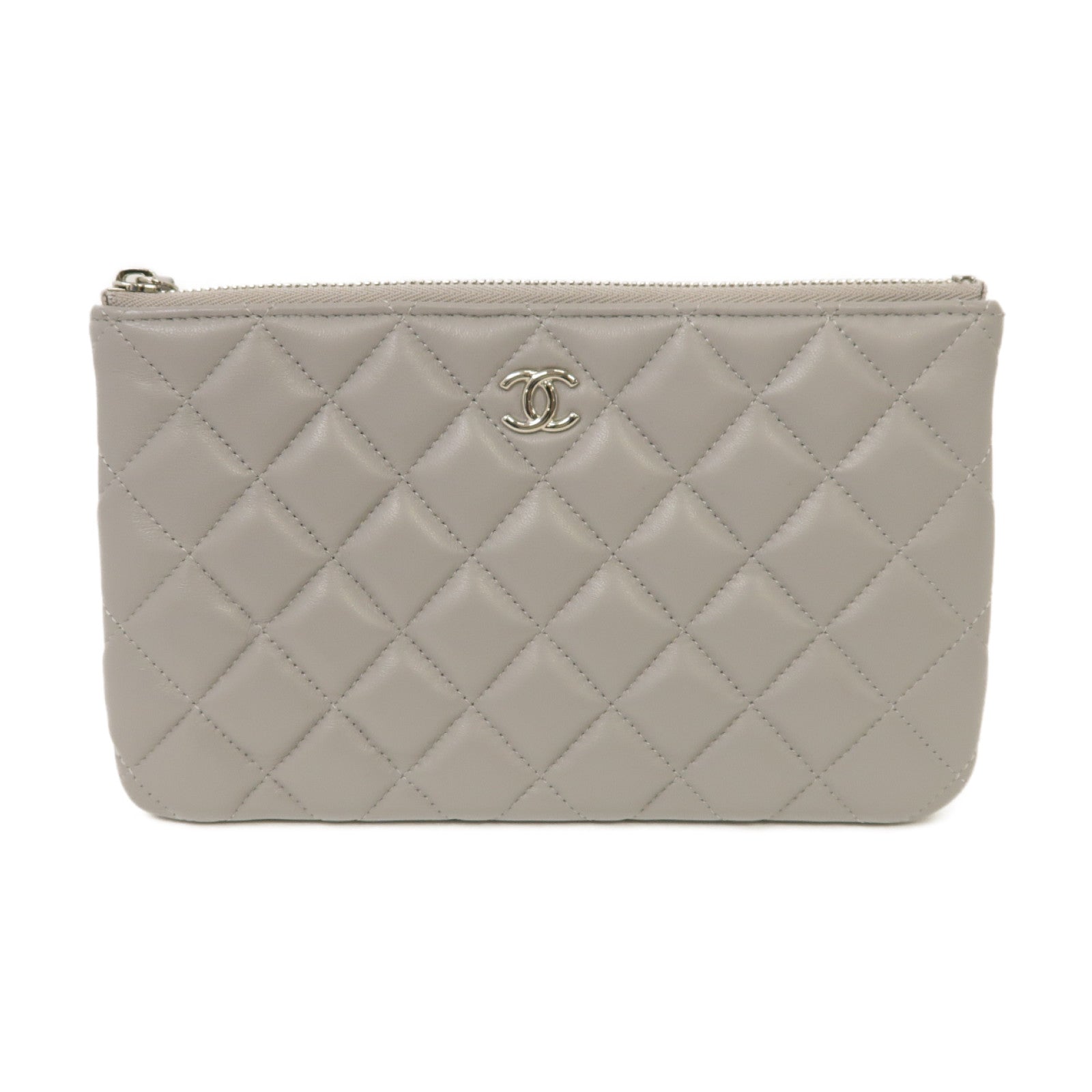 CHANEL 菱格羊皮皮革Clutch Bag銀扣手拿包灰色