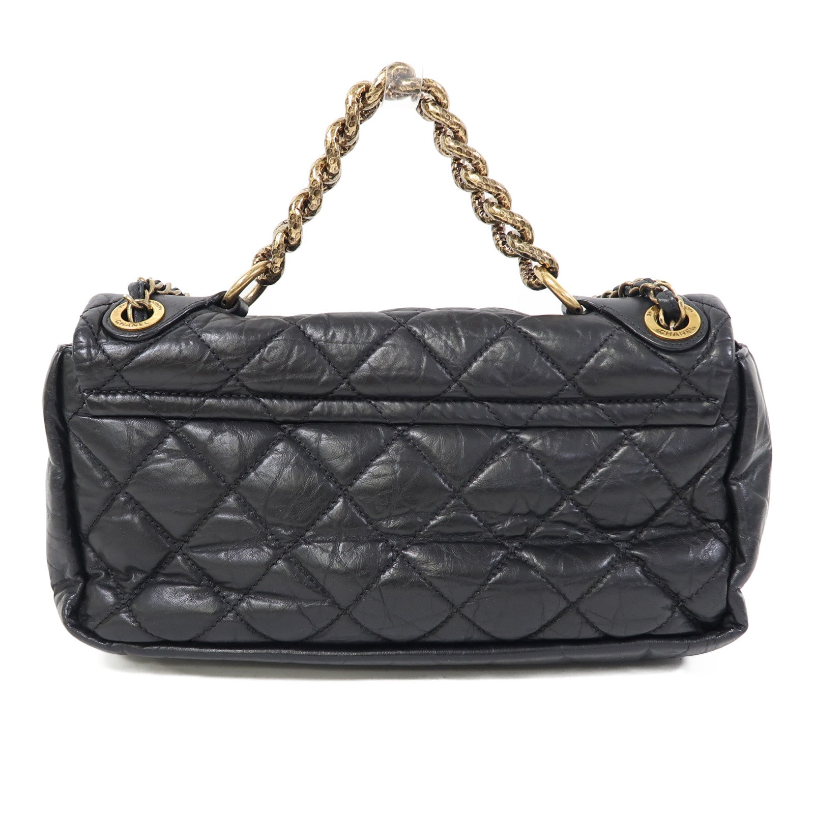 CHANEL 菱格牛皮皮革Chain Shoulder金扣鏈帶肩背袋黑色