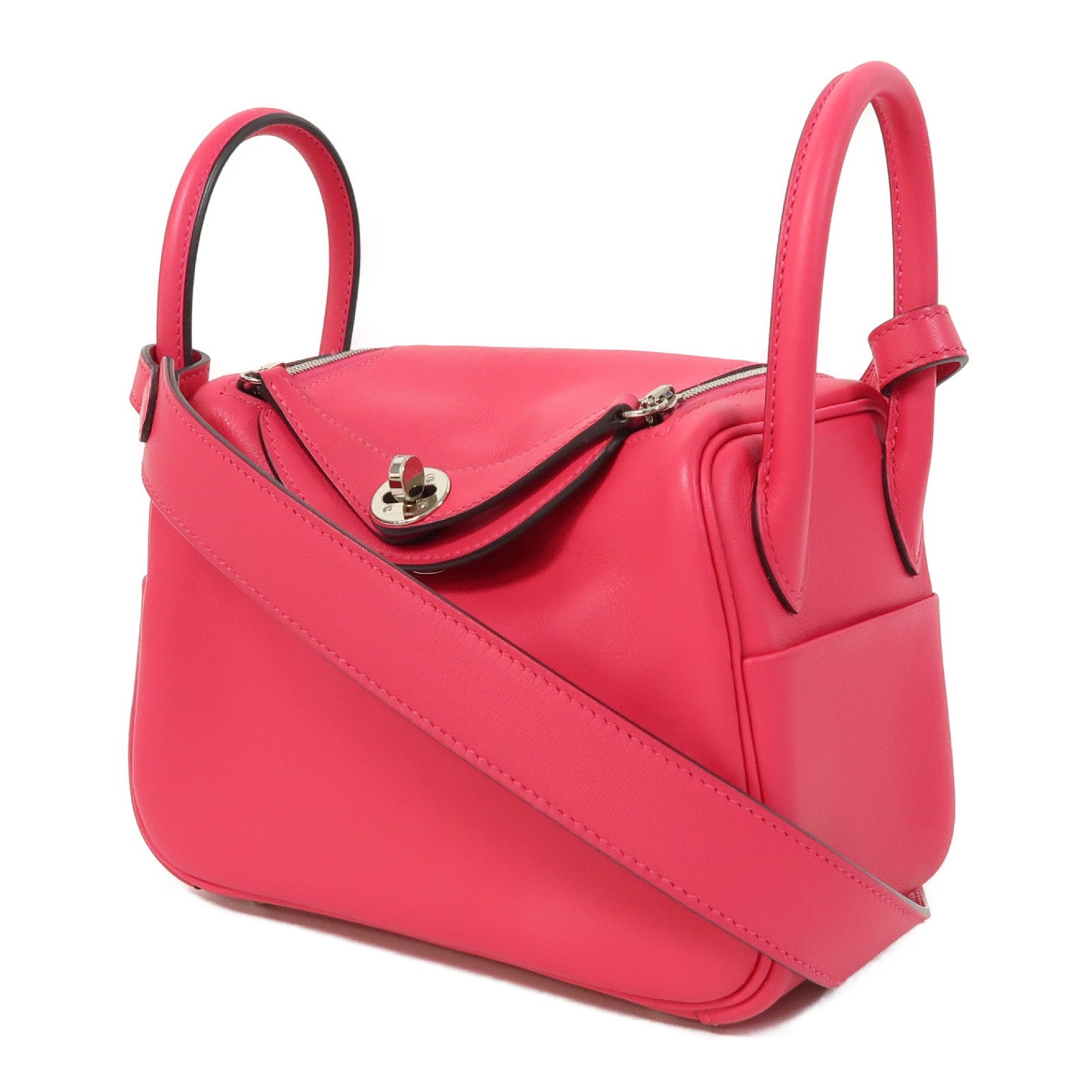 HERMES Swift皮革Mini Lindy銀扣肩背袋粉紅色