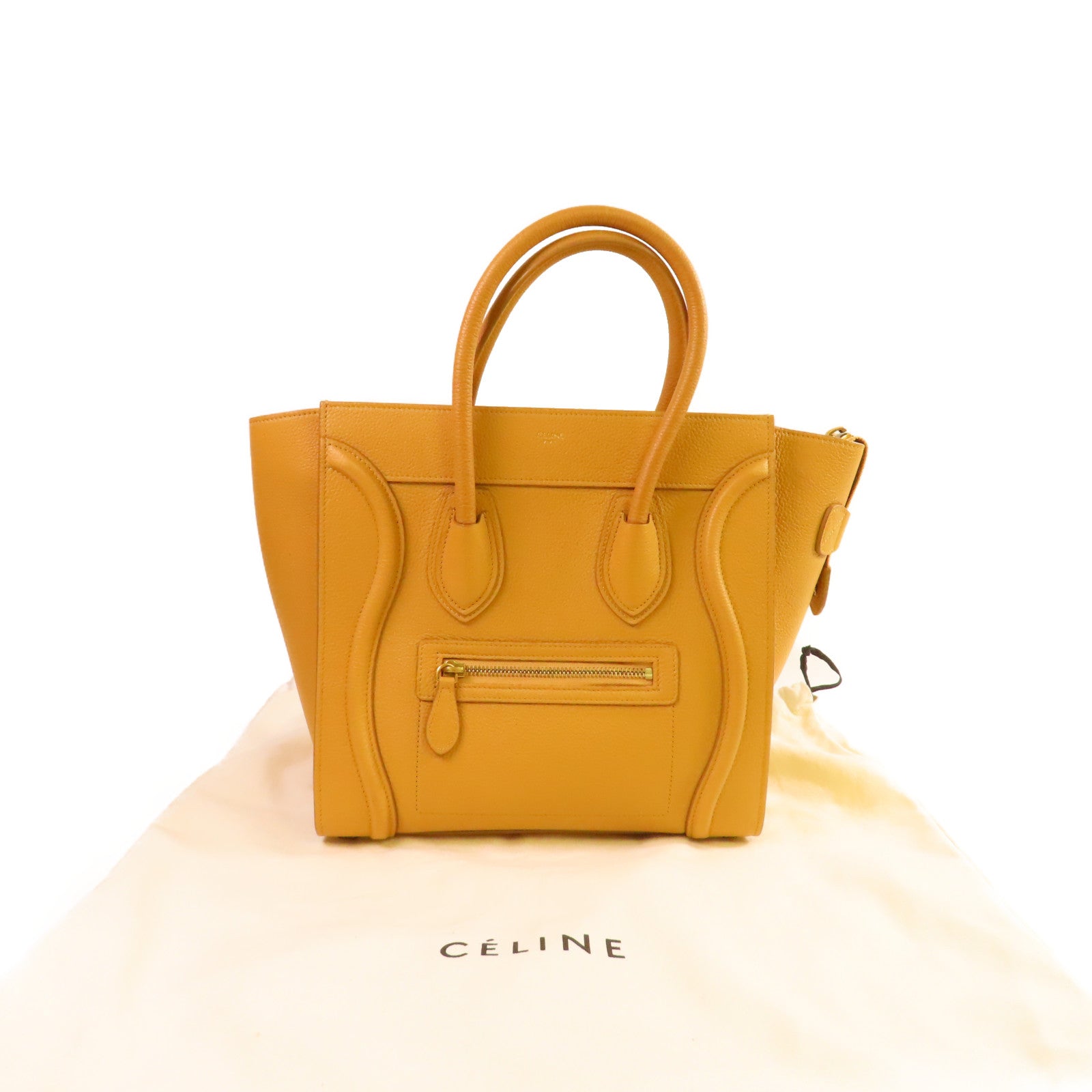 CELINE 牛皮皮革Micro Luggage Handbag金扣手挽袋芥末色