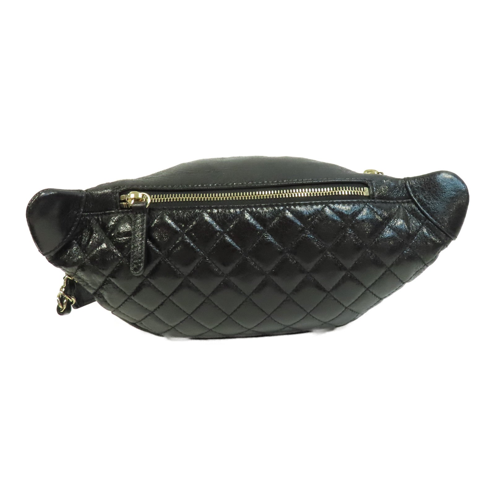 CHANEL 菱格牛皮皮革Waist Bag金扣鏈帶肩背袋黑色
