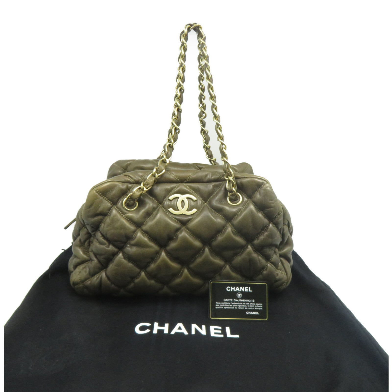 CHANEL 【清倉大減價】菱格皮革Bubble Bag金扣鏈帶肩背袋卡其色