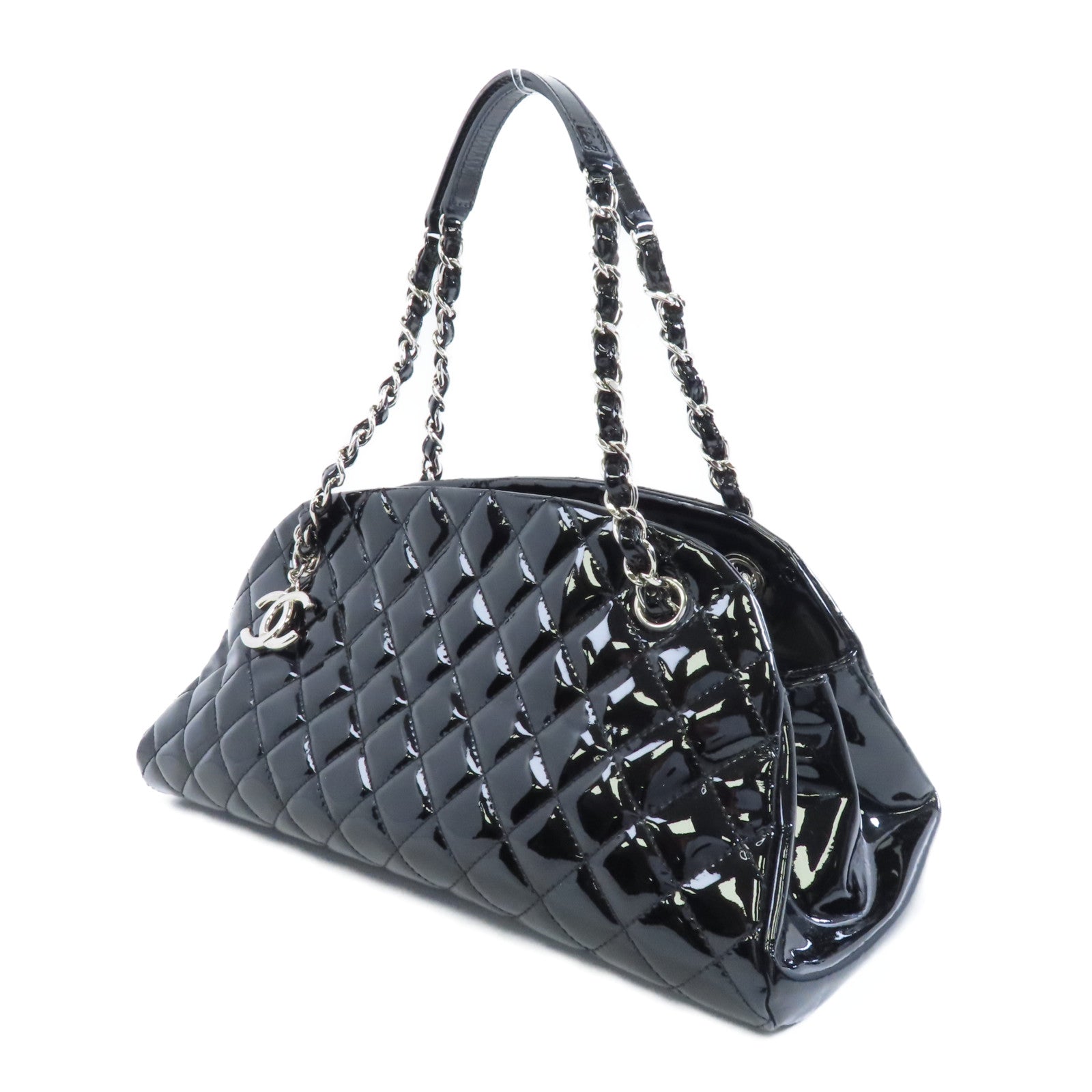 CHANEL 【激減優惠】菱格漆皮皮革Chain Shoulder銀扣鏈帶肩背袋黑色