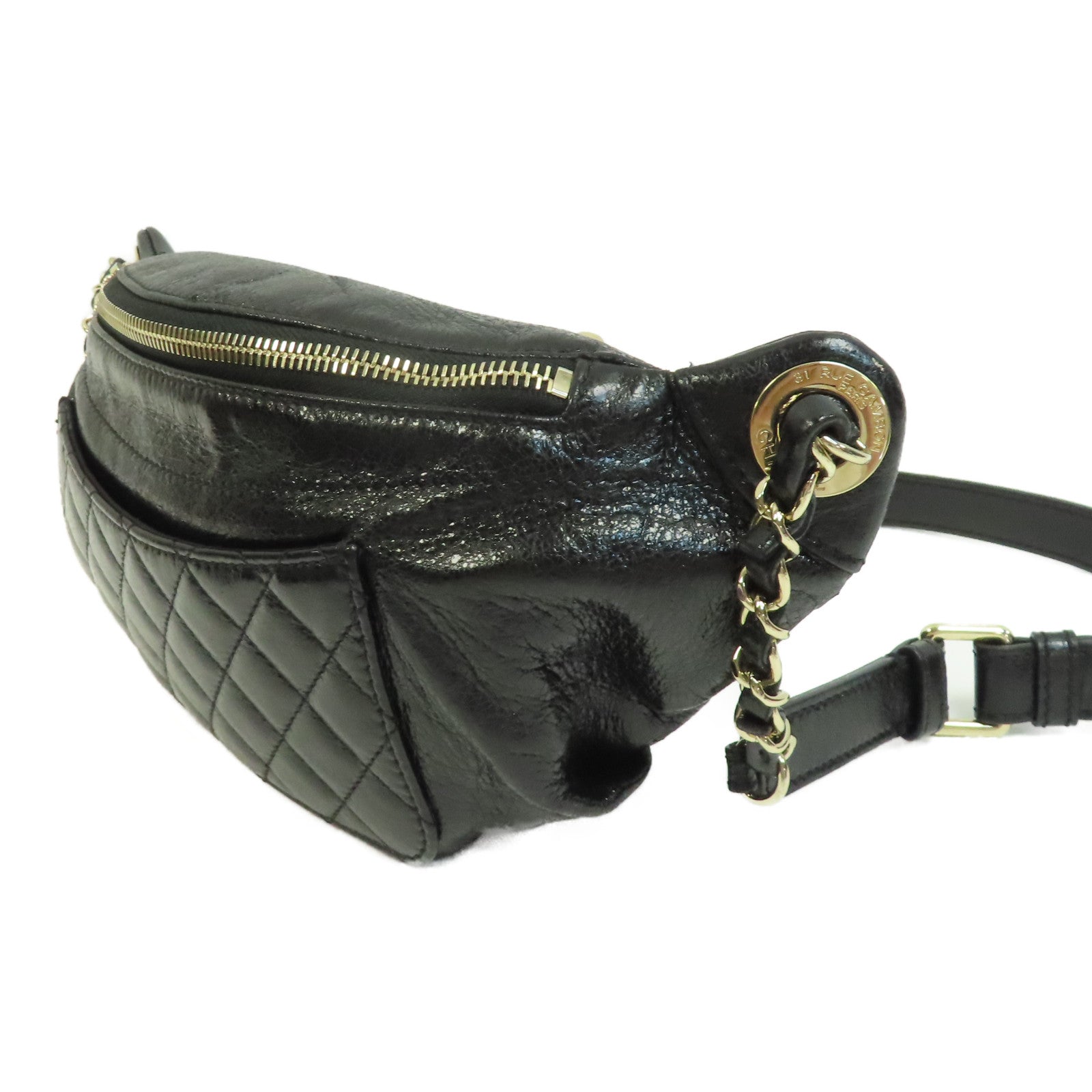CHANEL 菱格牛皮皮革Waist Bag金扣鏈帶肩背袋黑色