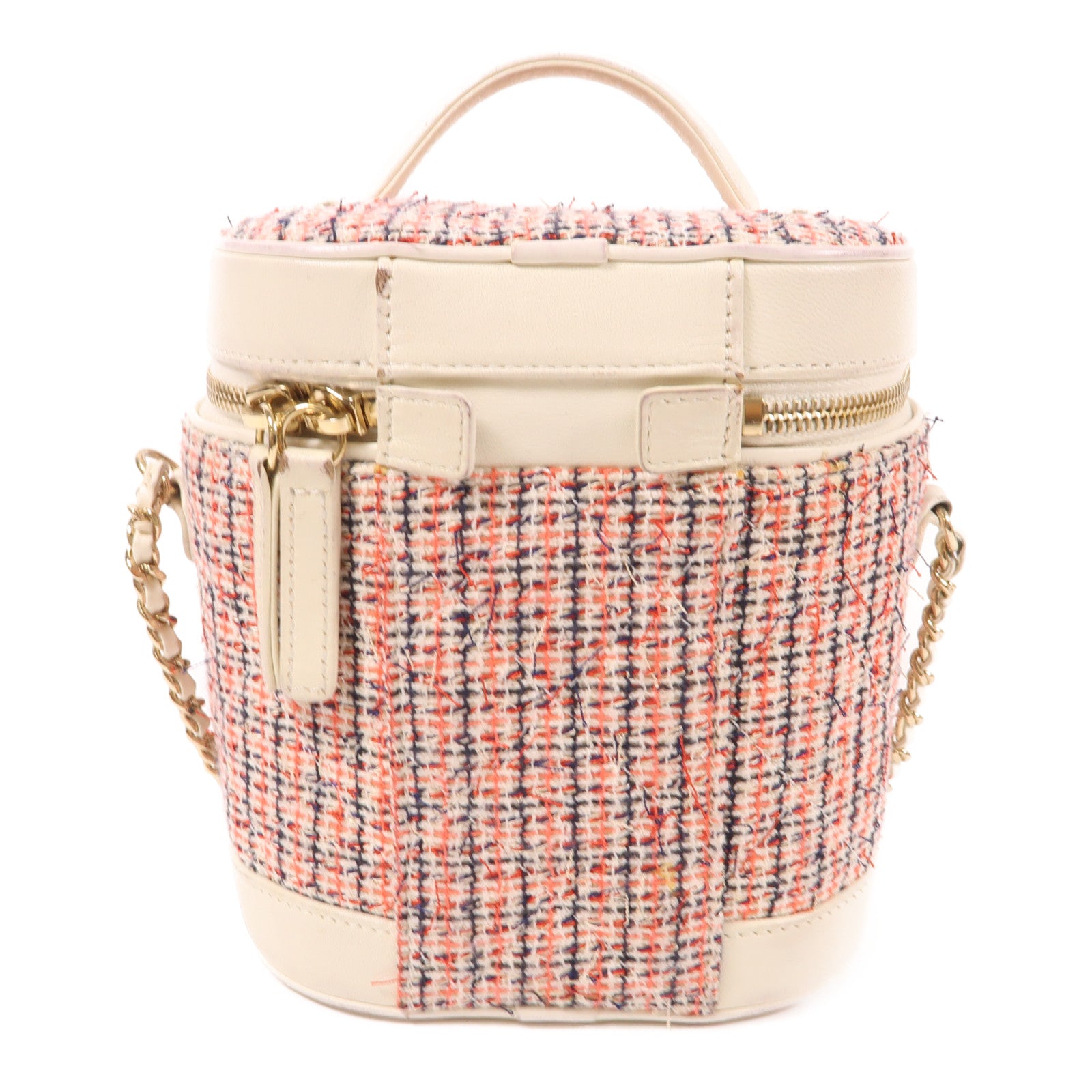 CHANEL Tweed/皮革Chain Shoulder金扣鏈帶手挽肩背兩用袋