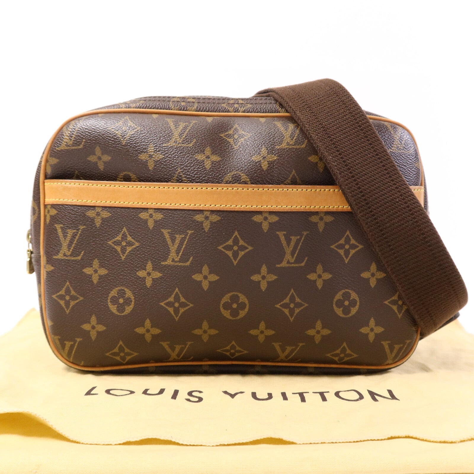 LOUIS VUITTON Monogram Reporter PM金扣肩背袋棕色