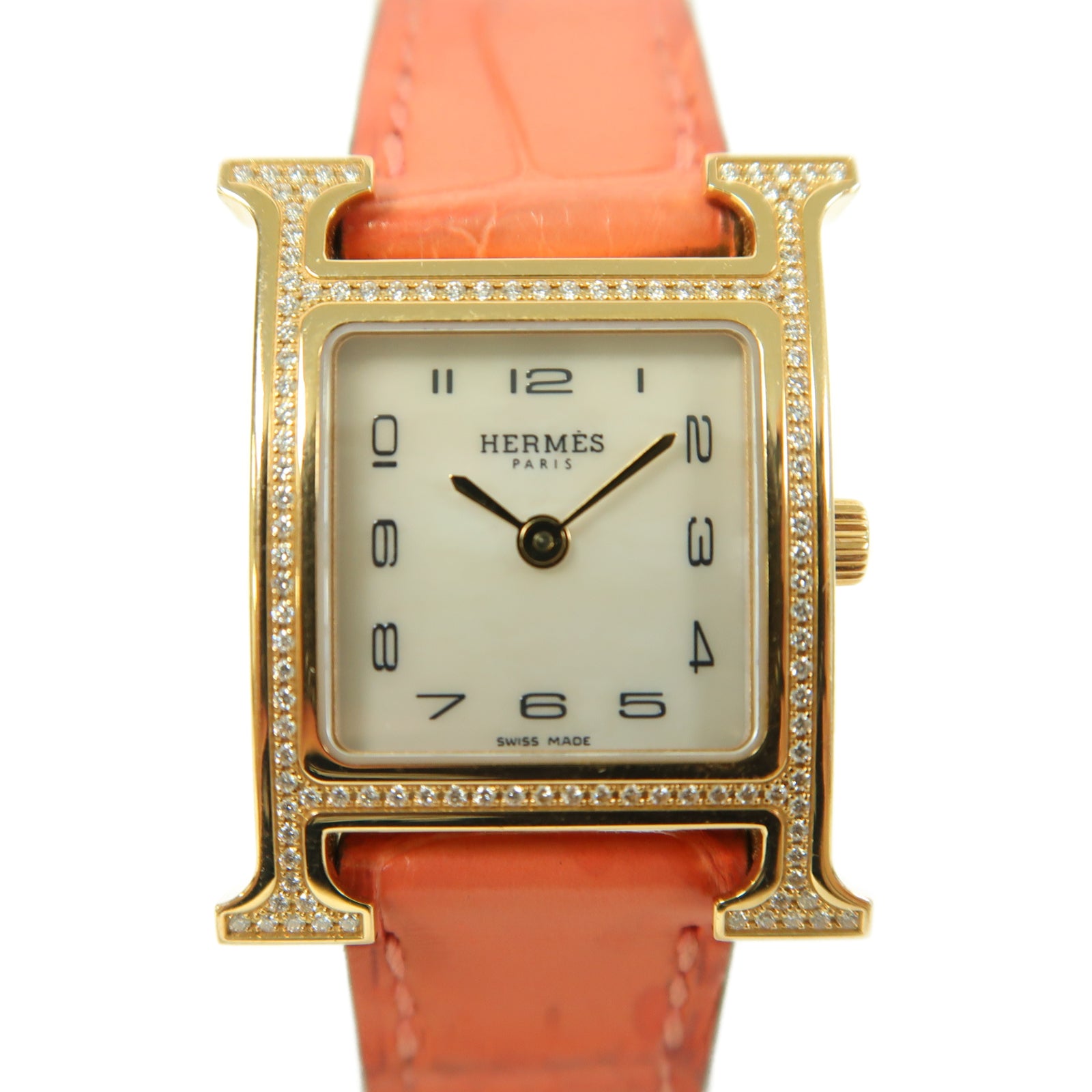 HERMES Heure H Alligator鱷魚皮革/18K玫瑰金/鑽石手錶石英機芯白色