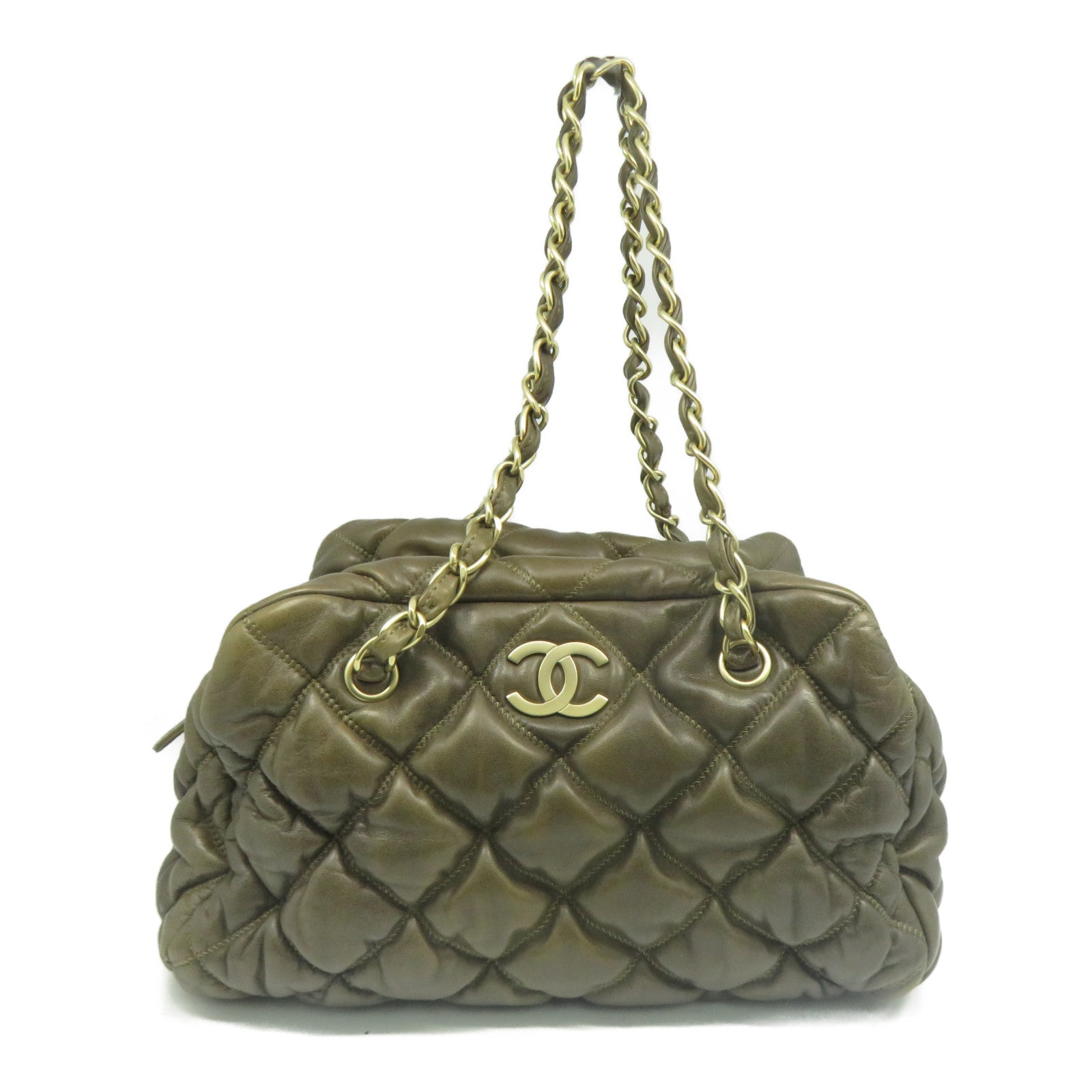 CHANEL 【清倉大減價】菱格皮革Bubble Bag金扣鏈帶肩背袋卡其色