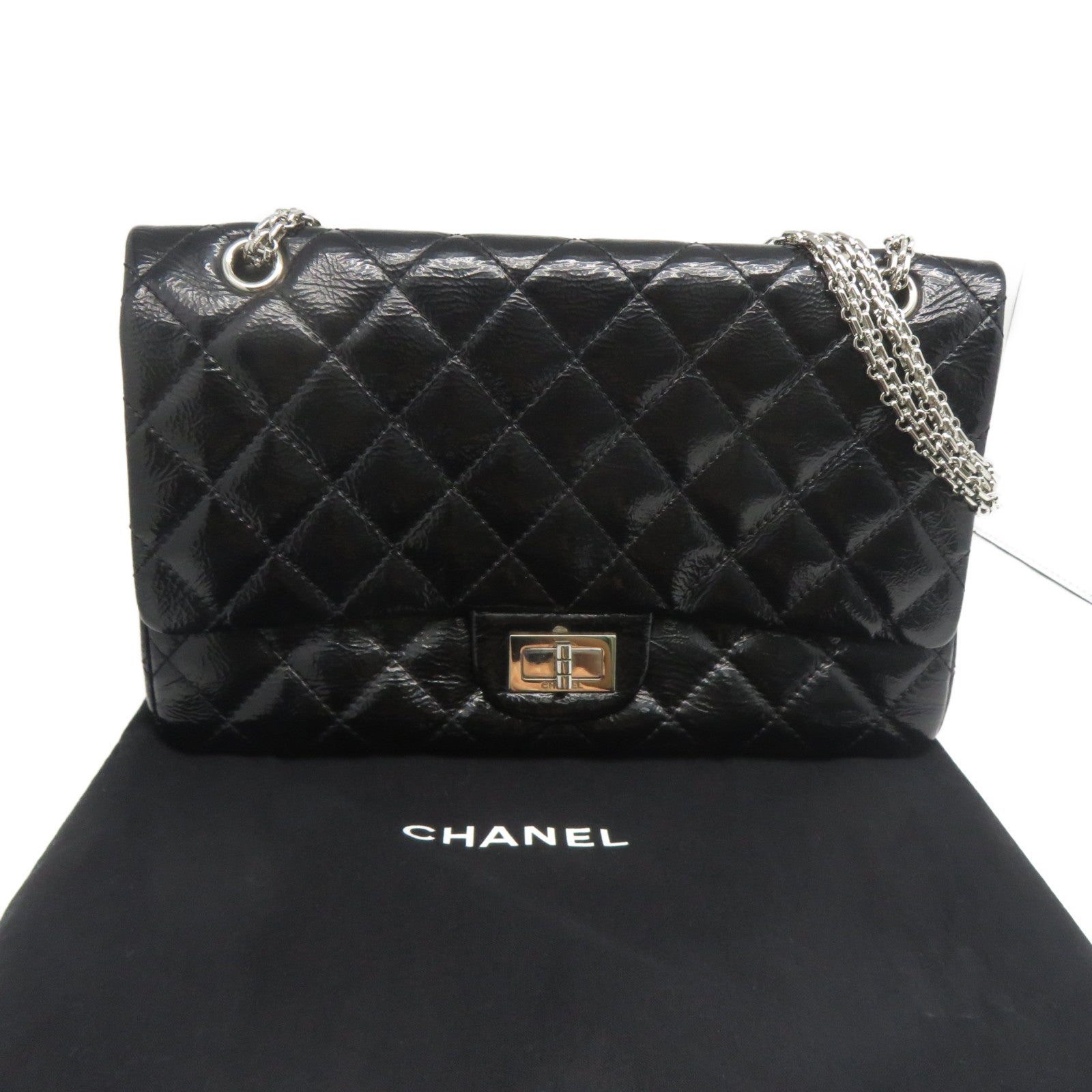 CHANEL 【激減優惠】菱格漆皮皮革2.55 Jumbo銀扣鏈帶肩背袋黑色