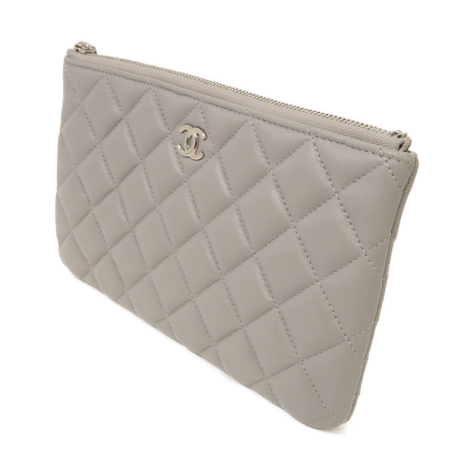 CHANEL 菱格羊皮皮革Clutch Bag銀扣手拿包灰色