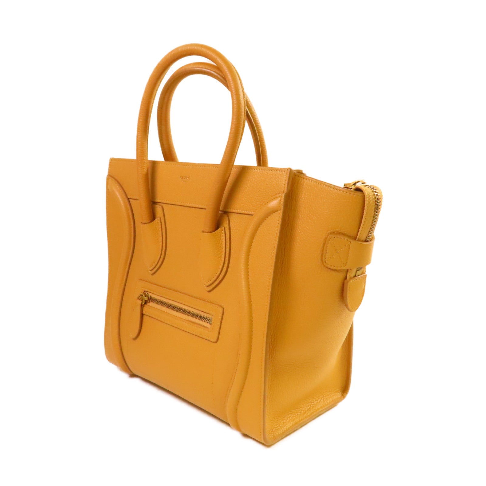 CELINE 牛皮皮革Micro Luggage Handbag金扣手挽袋芥末色