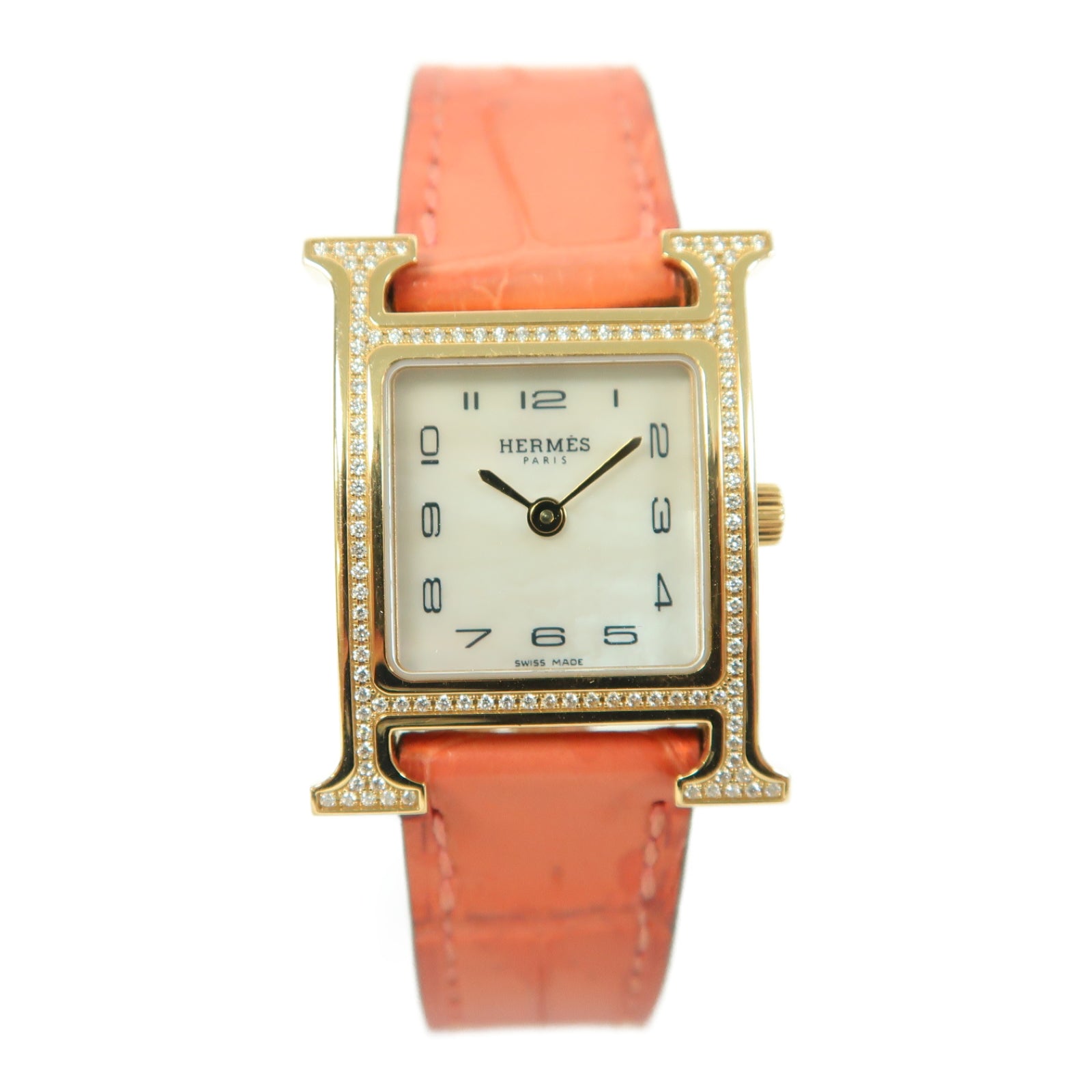 HERMES Heure H Alligator鱷魚皮革/18K玫瑰金/鑽石手錶石英機芯白色