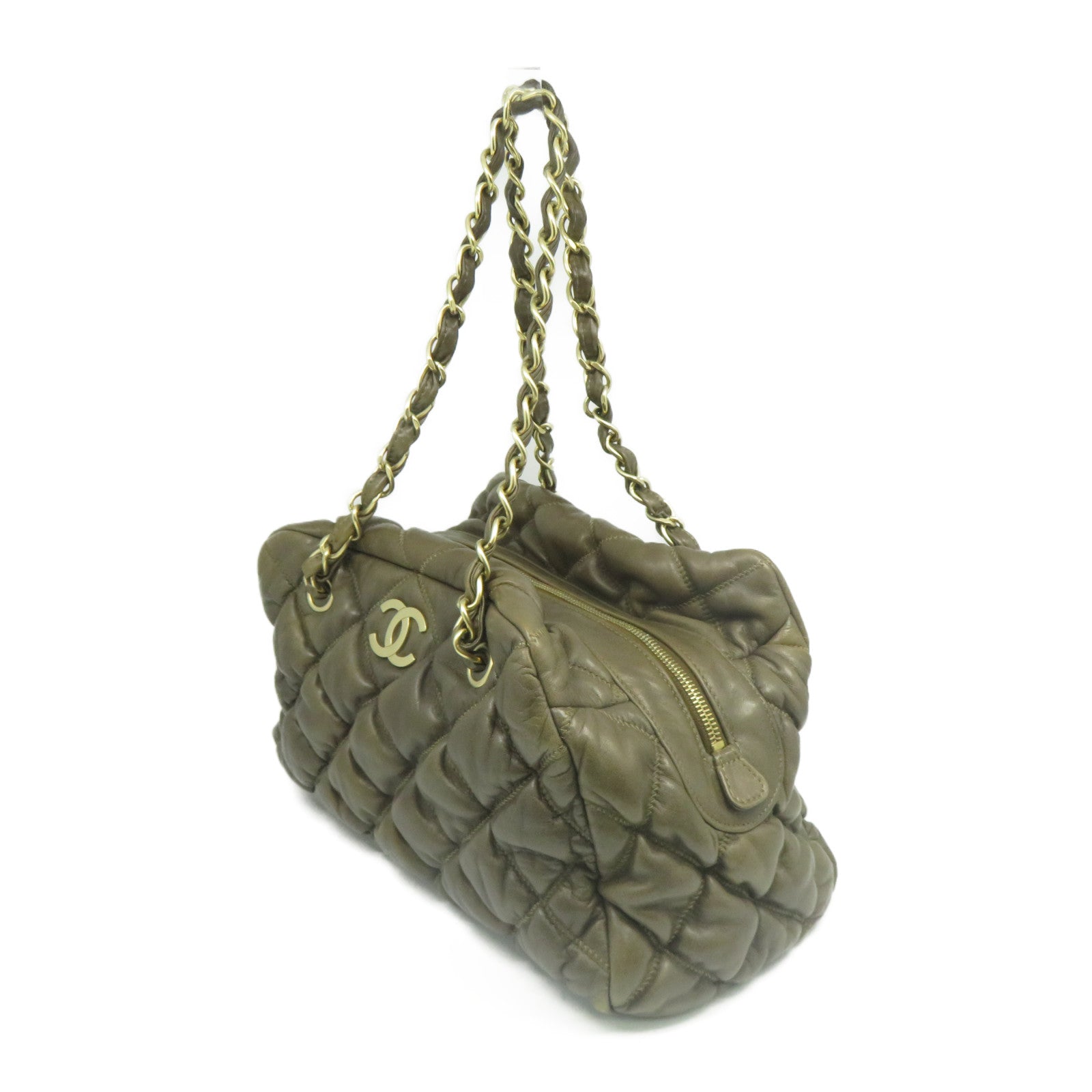 CHANEL 【清倉大減價】菱格皮革Bubble Bag金扣鏈帶肩背袋卡其色