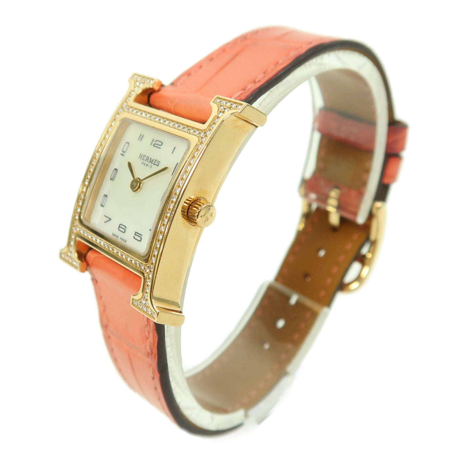 HERMES Heure H Alligator鱷魚皮革/18K玫瑰金/鑽石手錶石英機芯白色