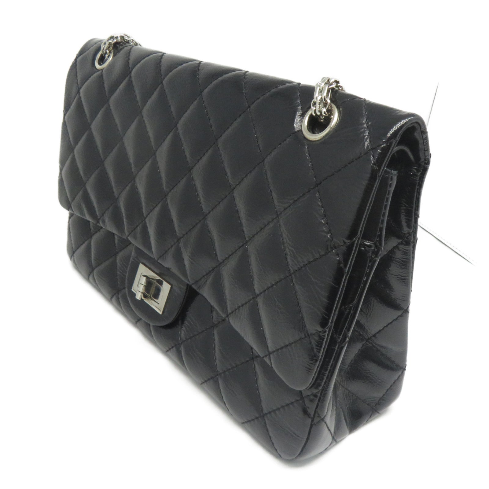 CHANEL 【激減優惠】菱格漆皮皮革2.55 Jumbo銀扣鏈帶肩背袋黑色