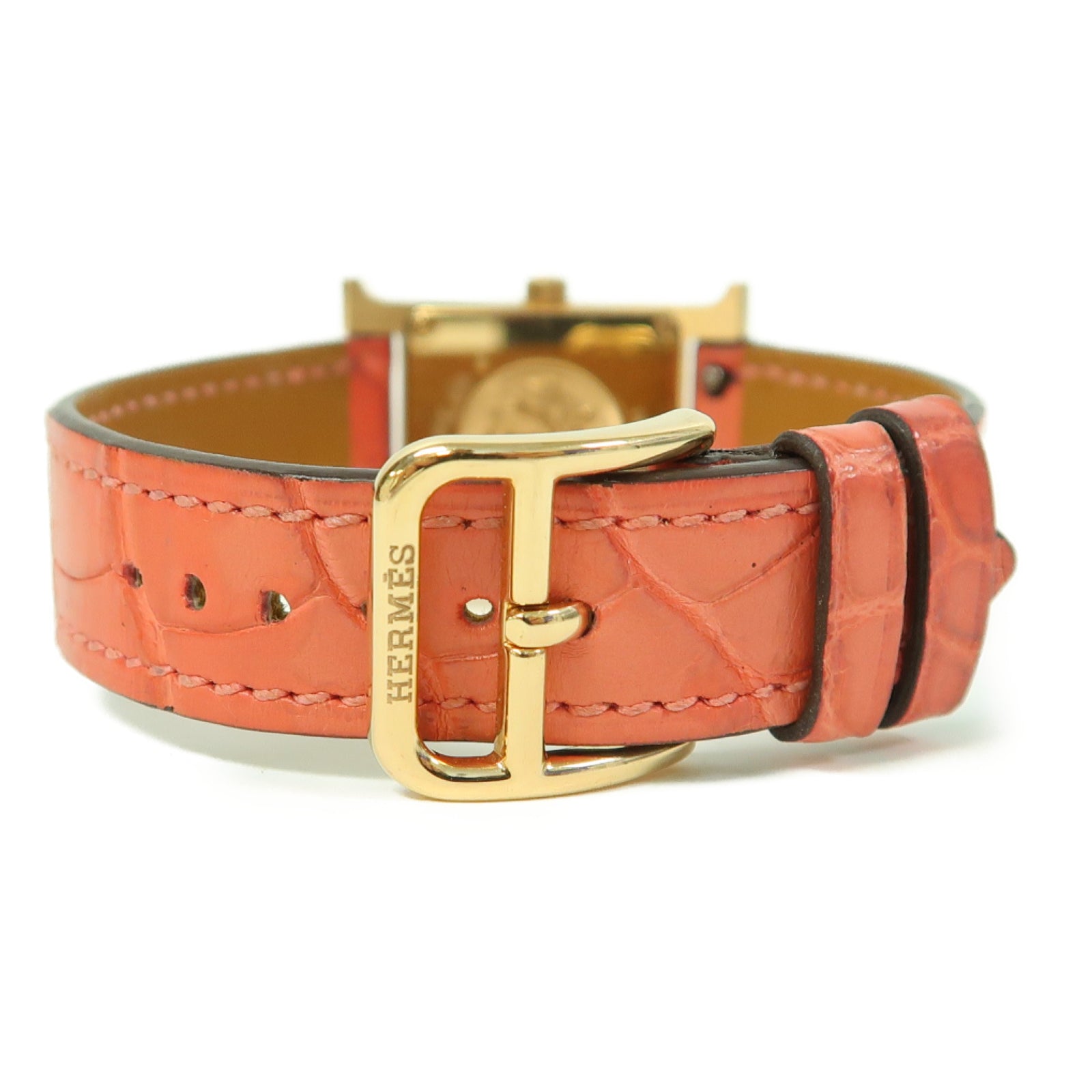 HERMES Heure H Alligator鱷魚皮革/18K玫瑰金/鑽石手錶石英機芯白色