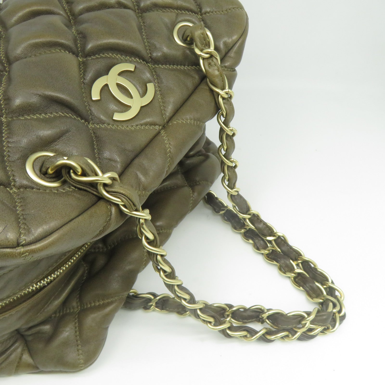 CHANEL 【清倉大減價】菱格皮革Bubble Bag金扣鏈帶肩背袋卡其色