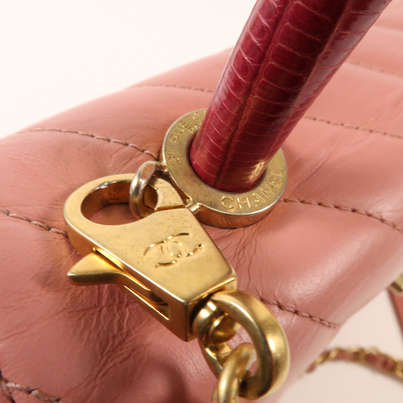 CHANEL 牛皮/蜥蝪皮革Coco Handle Medium金扣鏈帶手挽肩背兩用袋