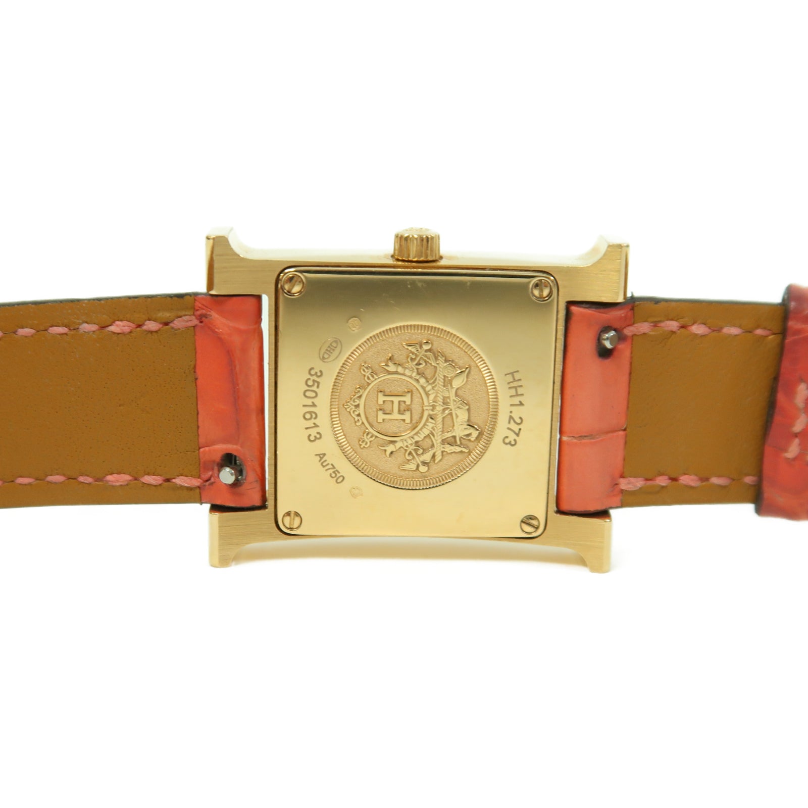 HERMES Heure H Alligator鱷魚皮革/18K玫瑰金/鑽石手錶石英機芯白色