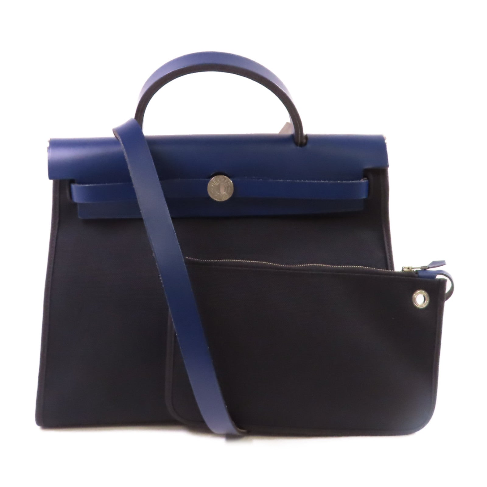 HERMES 帆布Herbag PM 2Way Shoulder Bag銀扣手挽肩背兩用袋Noir黑色/Bleu Saphir寶石藍色