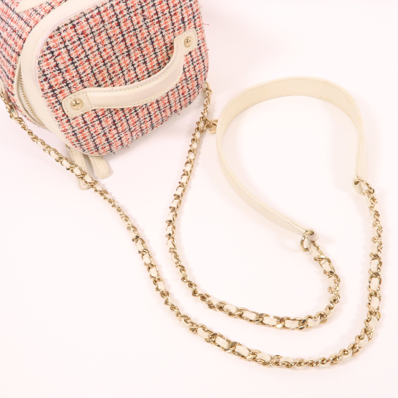 CHANEL Tweed/皮革Chain Shoulder金扣鏈帶手挽肩背兩用袋