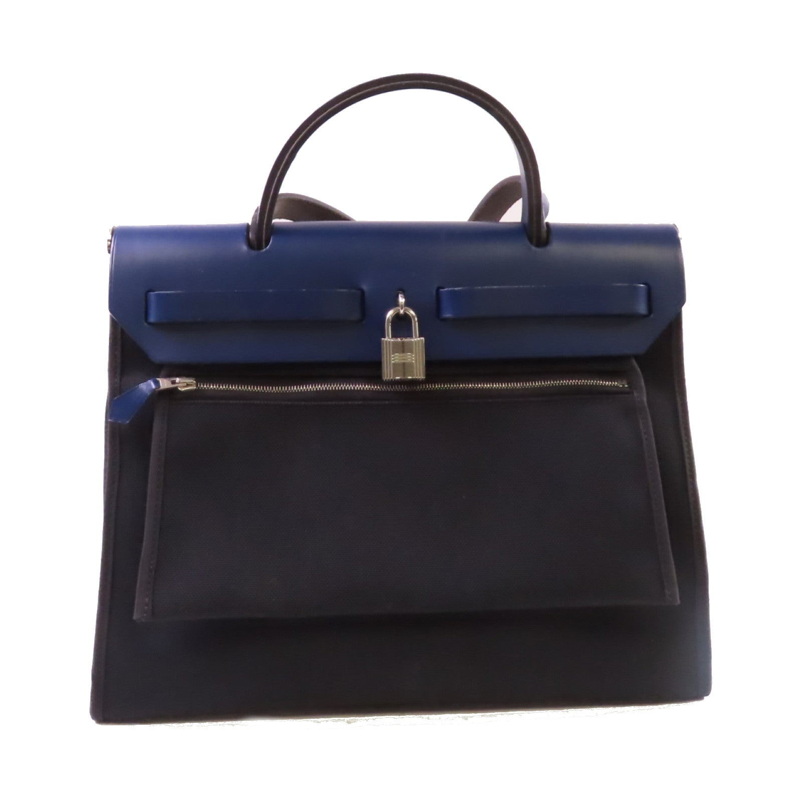 HERMES 帆布Herbag PM 2Way Shoulder Bag銀扣手挽肩背兩用袋Noir黑色/Bleu Saphir寶石藍色