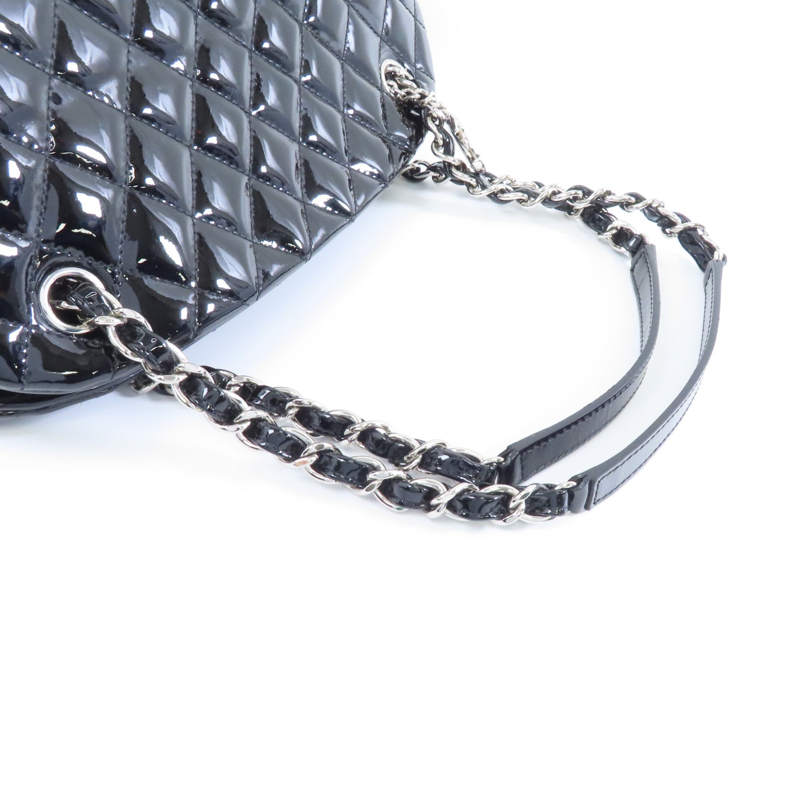 CHANEL 【激減優惠】菱格漆皮皮革Chain Shoulder銀扣鏈帶肩背袋黑色