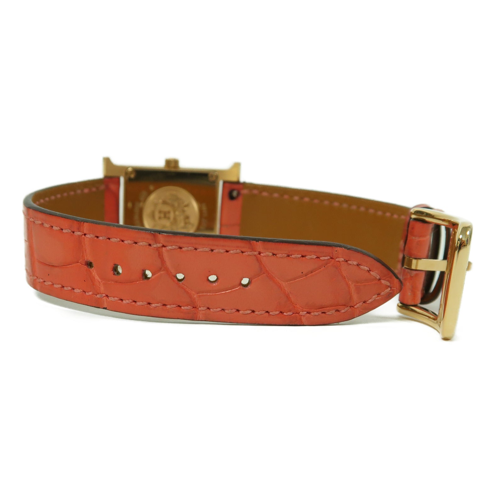 HERMES Heure H Alligator鱷魚皮革/18K玫瑰金/鑽石手錶石英機芯白色