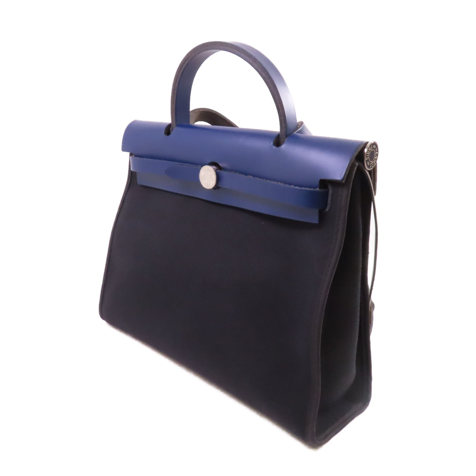 HERMES 帆布Herbag PM 2Way Shoulder Bag銀扣手挽肩背兩用袋Noir黑色/Bleu Saphir寶石藍色