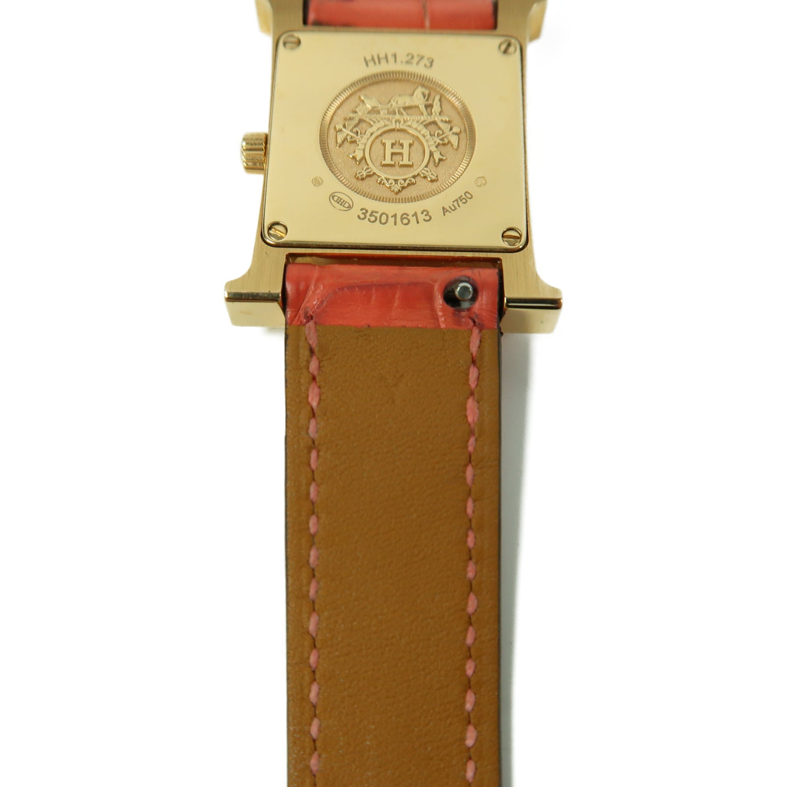 HERMES Heure H Alligator鱷魚皮革/18K玫瑰金/鑽石手錶石英機芯白色