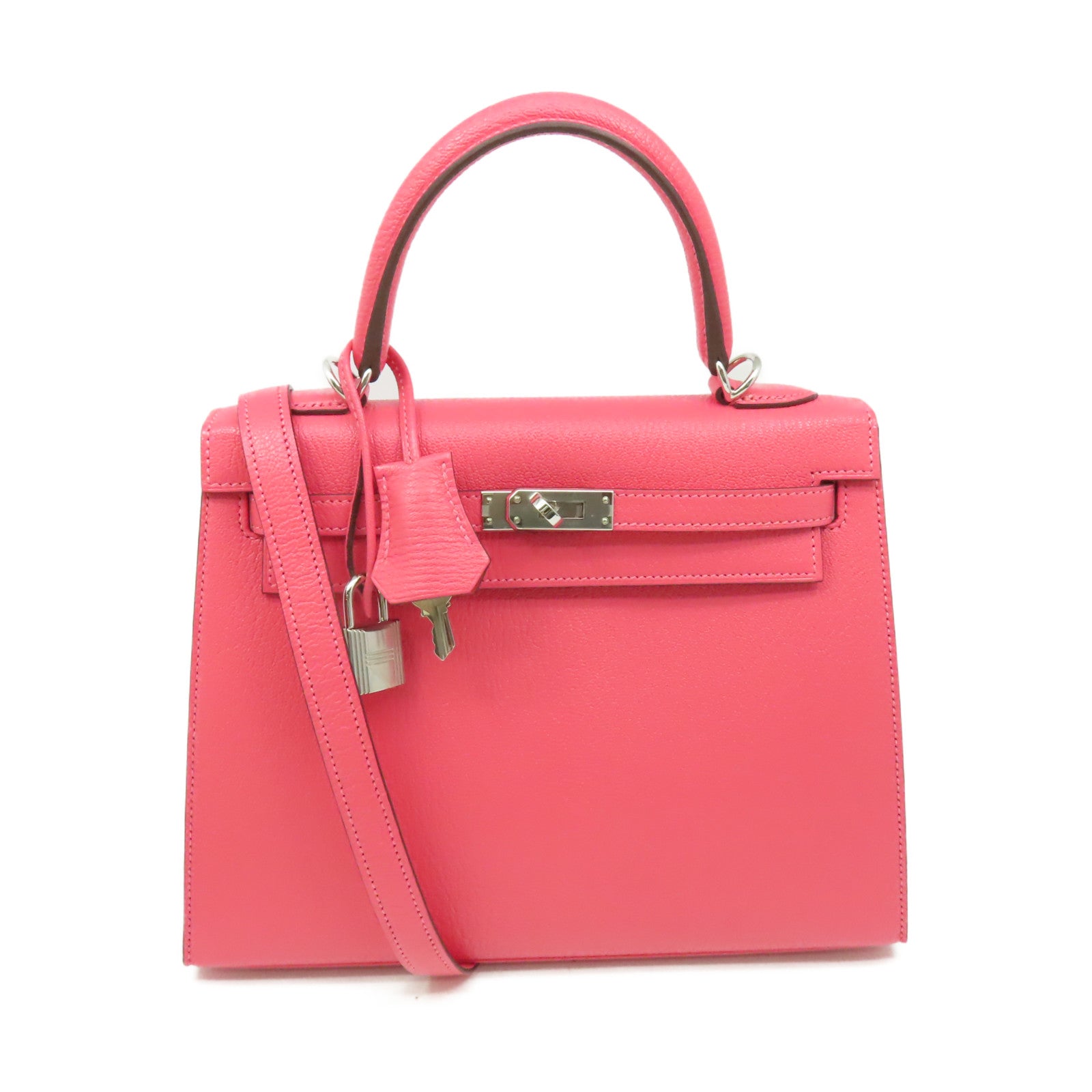 HERMES **【激減優惠】Chevre皮革Kelly 25 2Way Handbag銀扣手挽肩背兩用袋 Rose Lipstick/玫瑰潤唇膏色