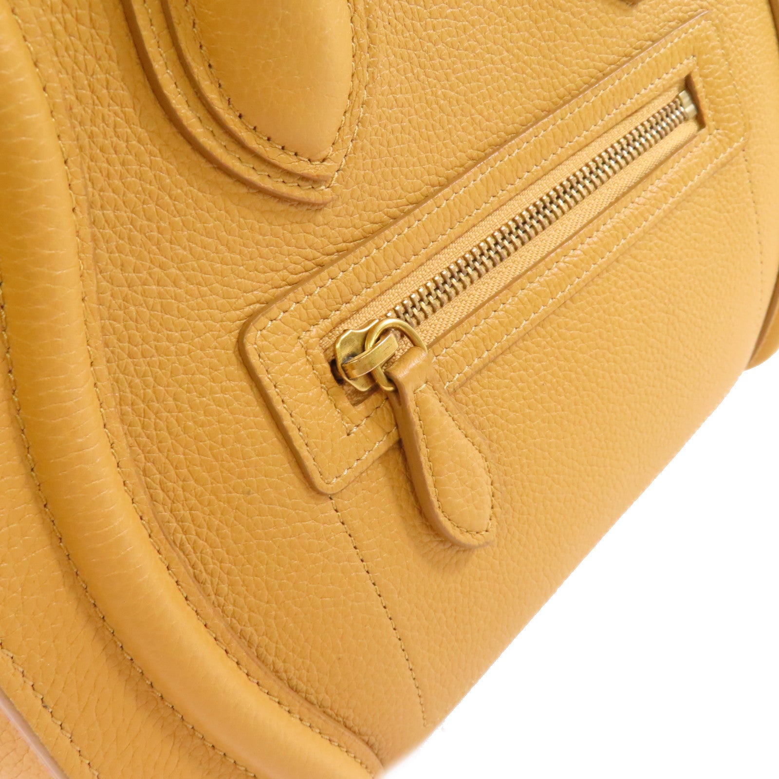 CELINE 牛皮皮革Micro Luggage Handbag金扣手挽袋芥末色