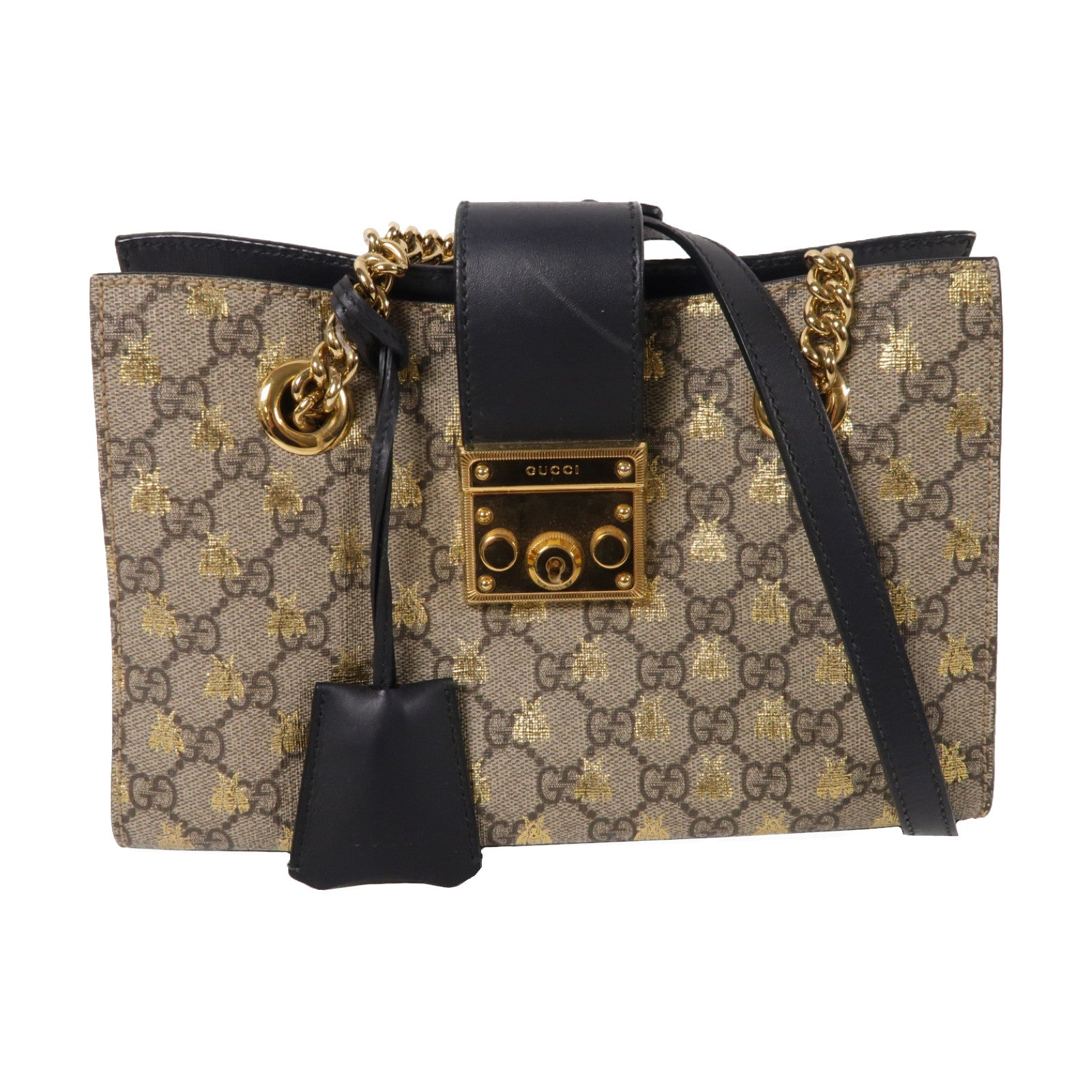 GUCCI 塗層帆布Padlock GG金扣鏈帶肩背袋啡色