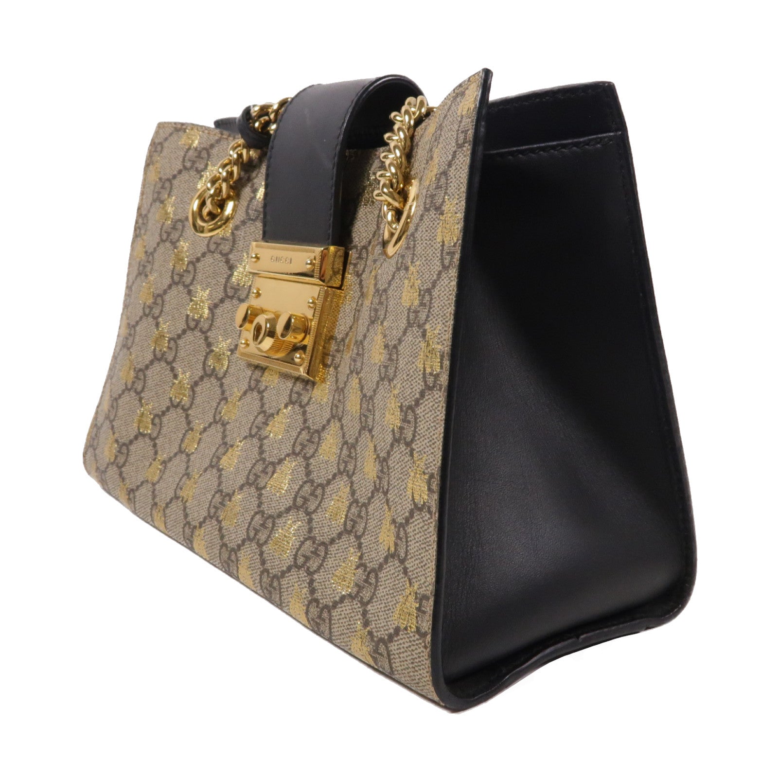 GUCCI 塗層帆布Padlock GG金扣鏈帶肩背袋啡色