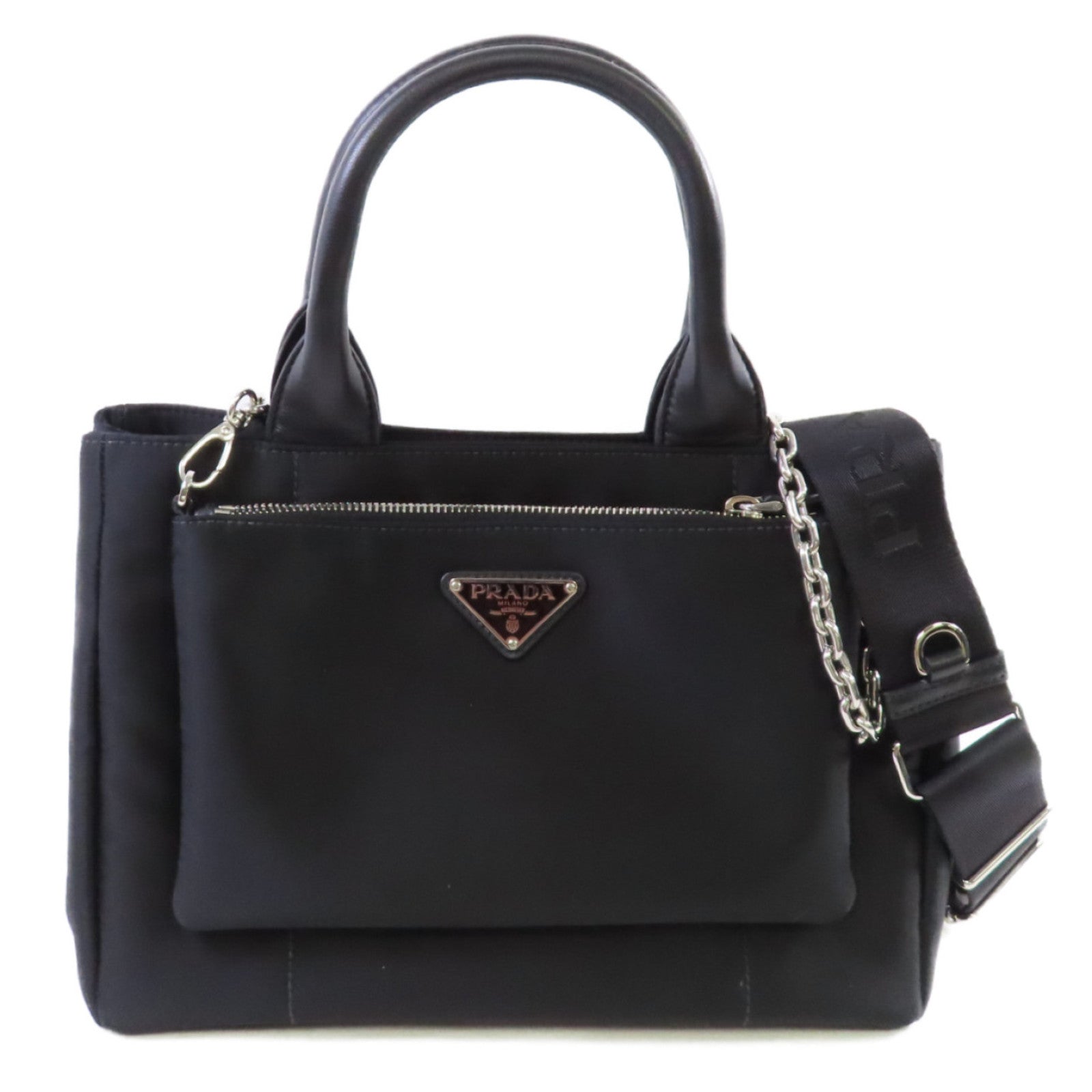 PRADA 尼龍Nero Tessuto 2Way Shoulder Bag銀扣手挽肩背兩用袋黑色