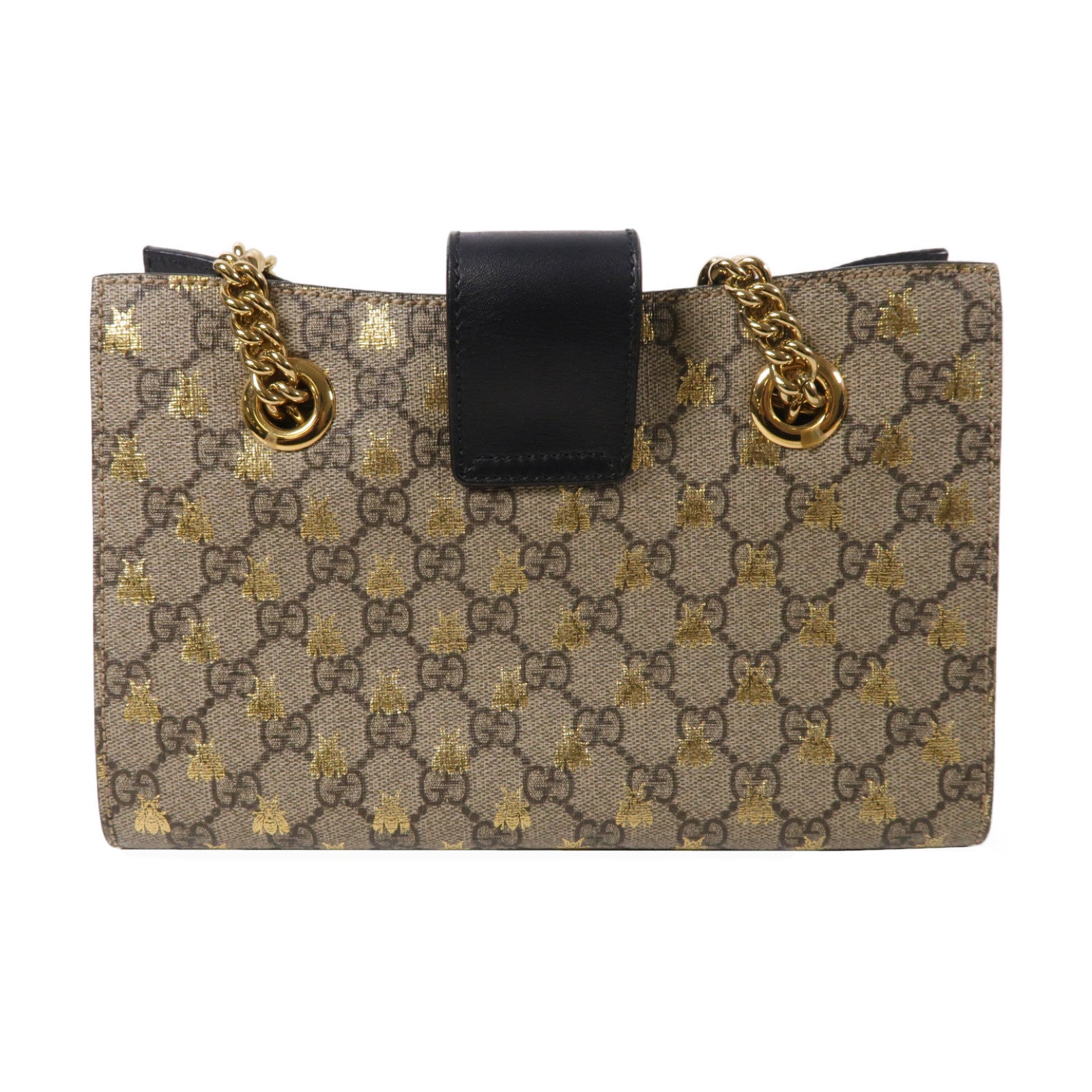 GUCCI 塗層帆布Padlock GG金扣鏈帶肩背袋啡色