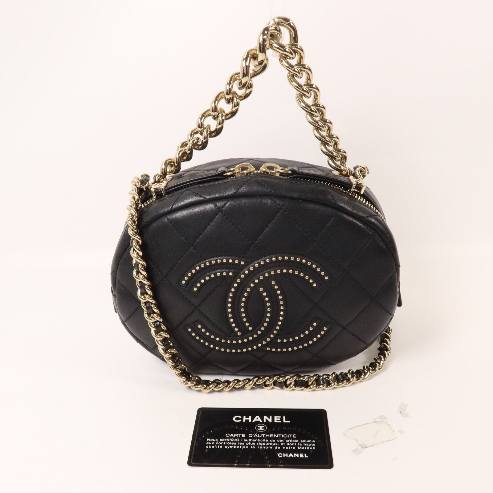 CHANEL 牛皮皮革Chain Handle Studded CC鏈帶手挽肩背兩用袋