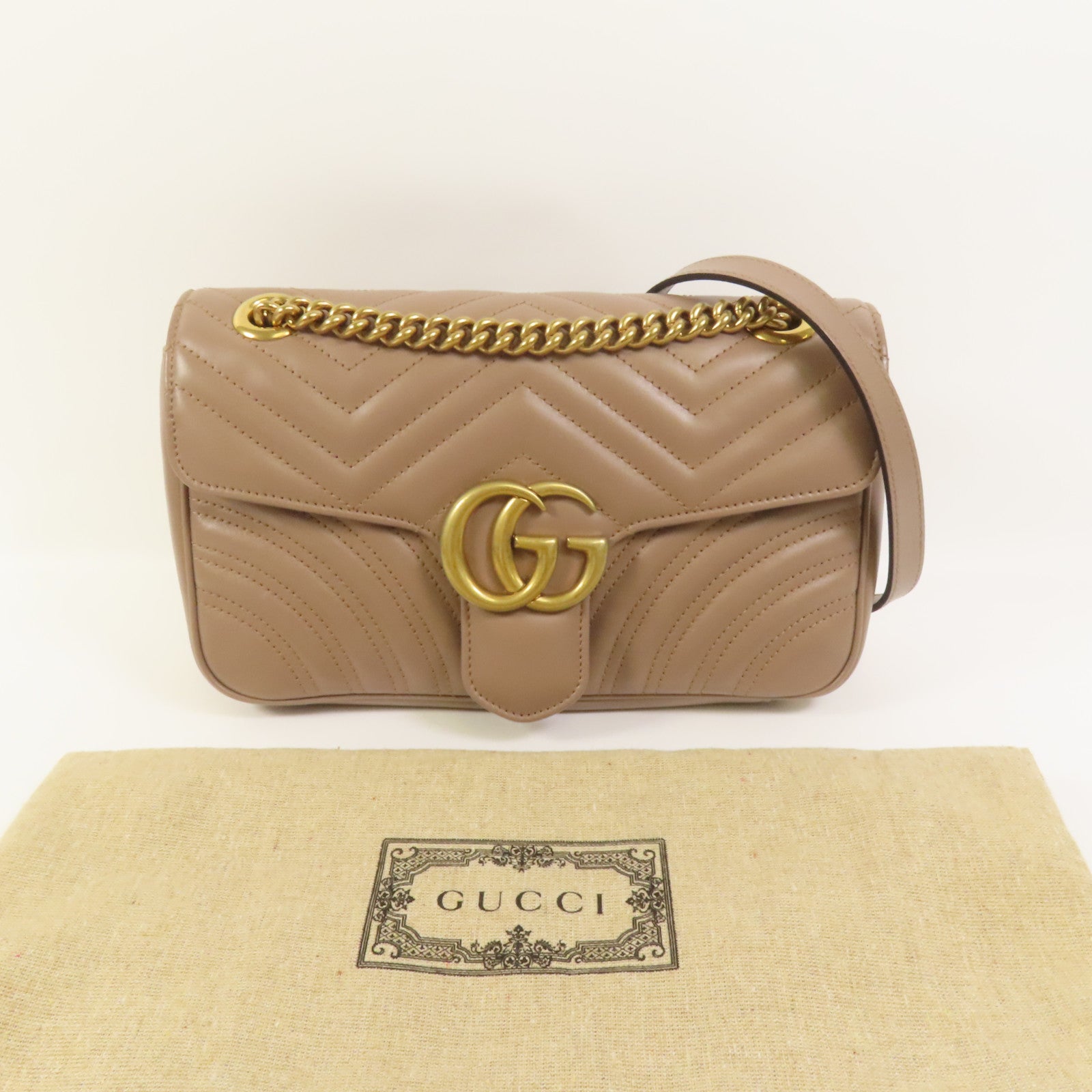 GUCCI 牛皮皮革GG Marmont金扣鏈帶肩背袋