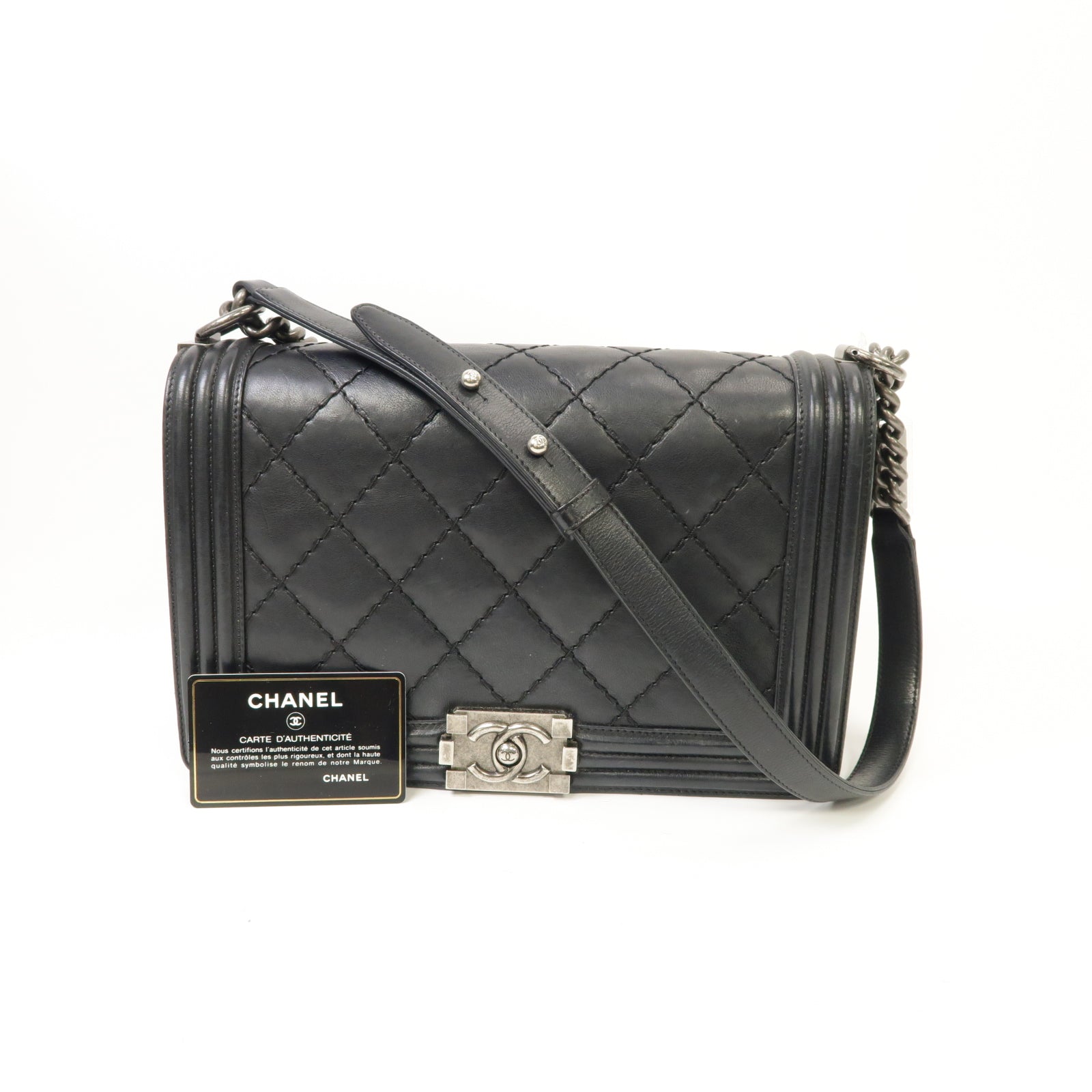 CHANEL 【激減優惠】菱格牛皮皮革Boy Chanel 28cm銀扣鏈帶肩背袋黒色